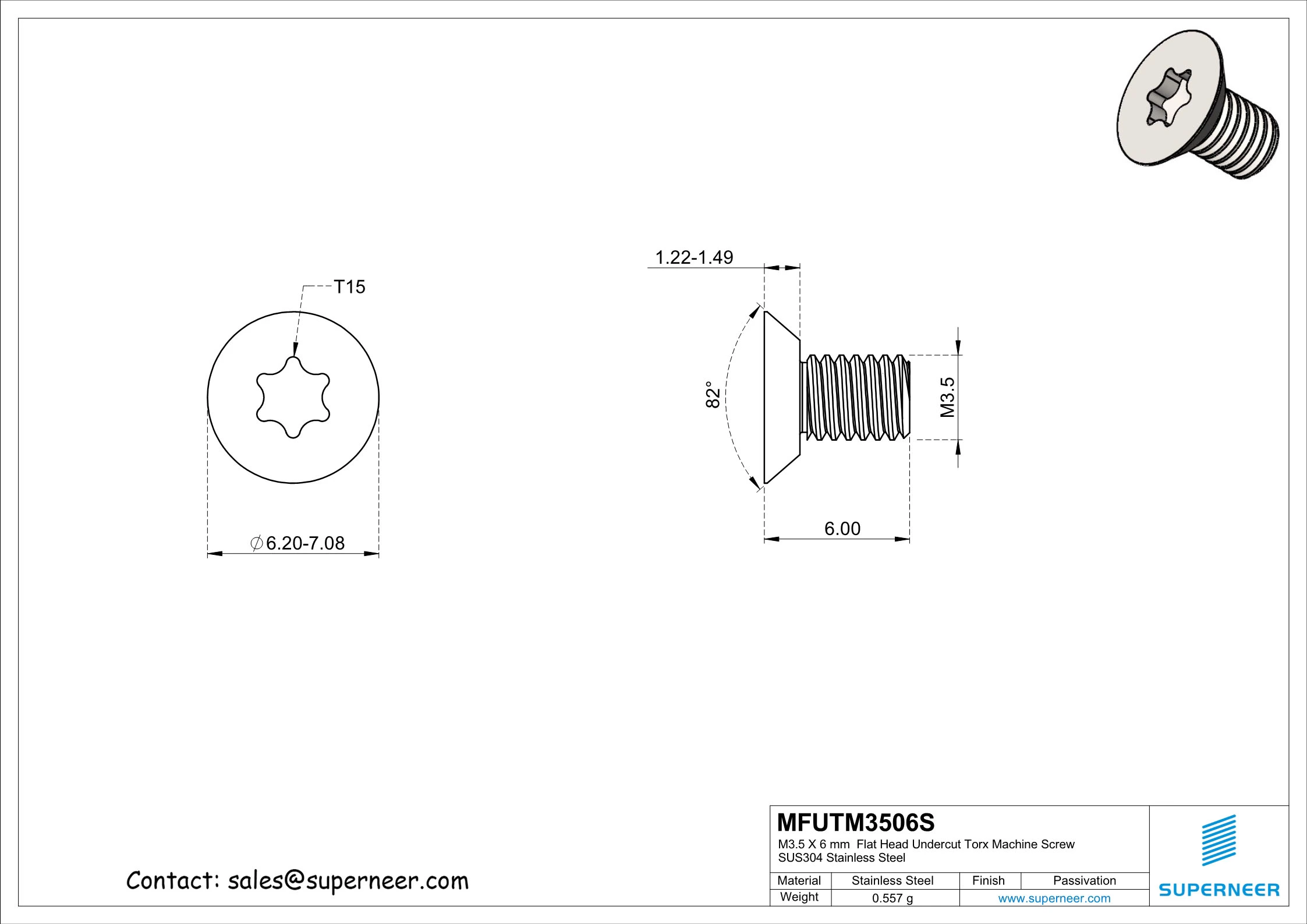 M3.5 x 6 mm  Flat Head Undercut Torx Machine Screw SUS304 Stainless Steel Inox