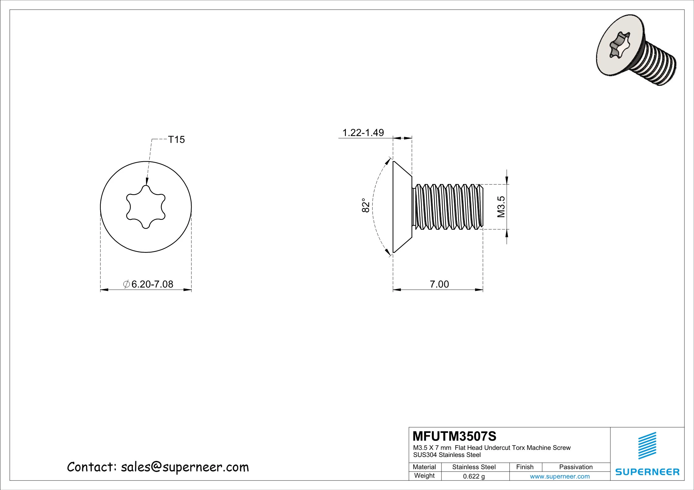 M3.5 x 7 mm  Flat Head Undercut Torx Machine Screw SUS304 Stainless Steel Inox