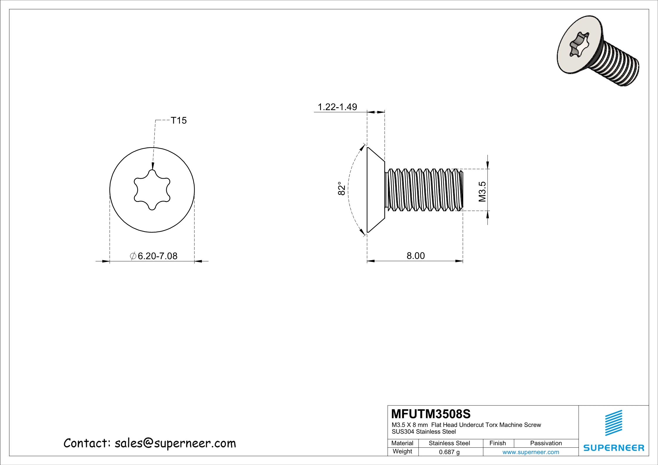 M3.5 x 8 mm  Flat Head Undercut Torx Machine Screw SUS304 Stainless Steel Inox