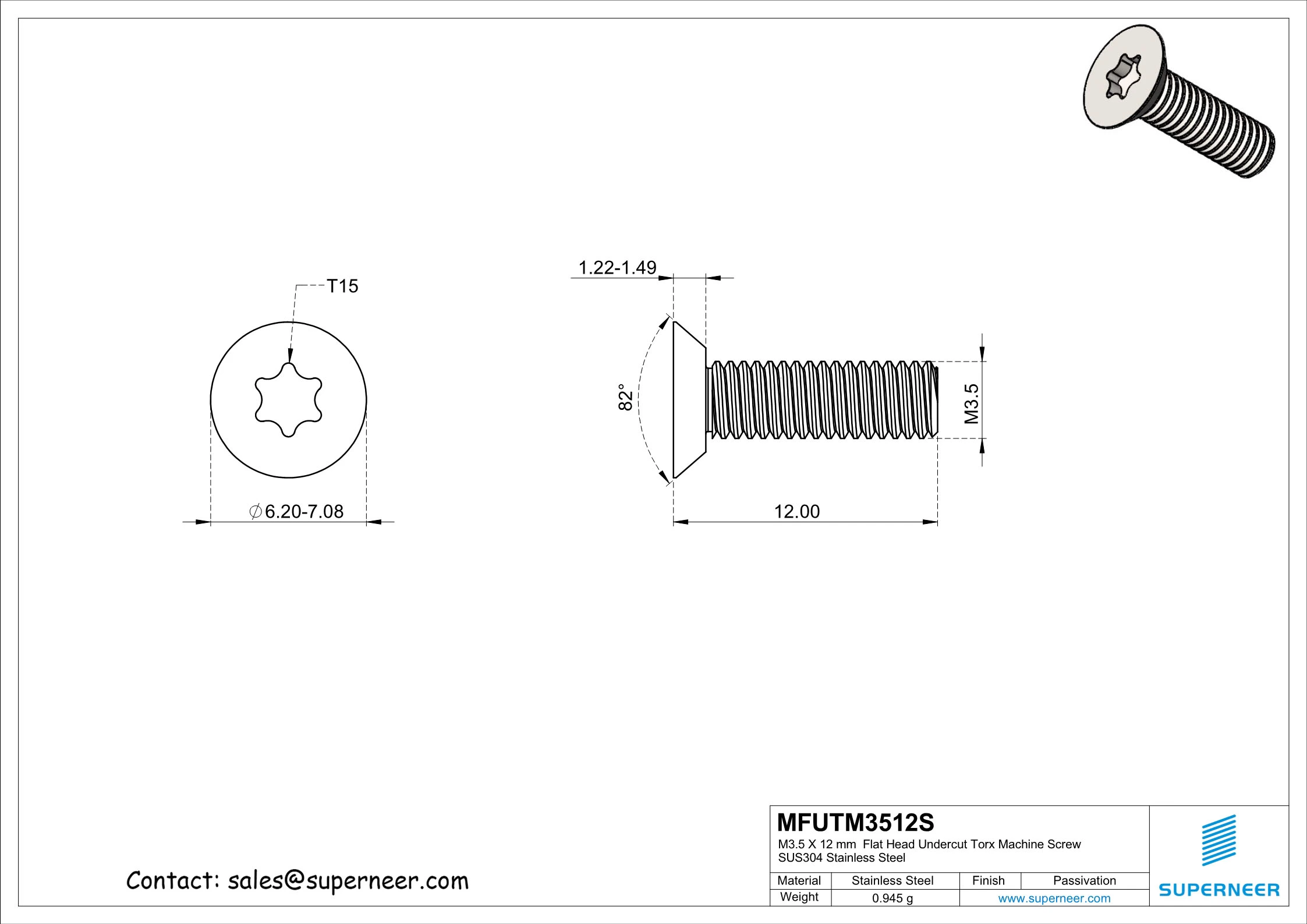 M3.5 x 12 mm  Flat Head Undercut Torx Machine Screw SUS304 Stainless Steel Inox