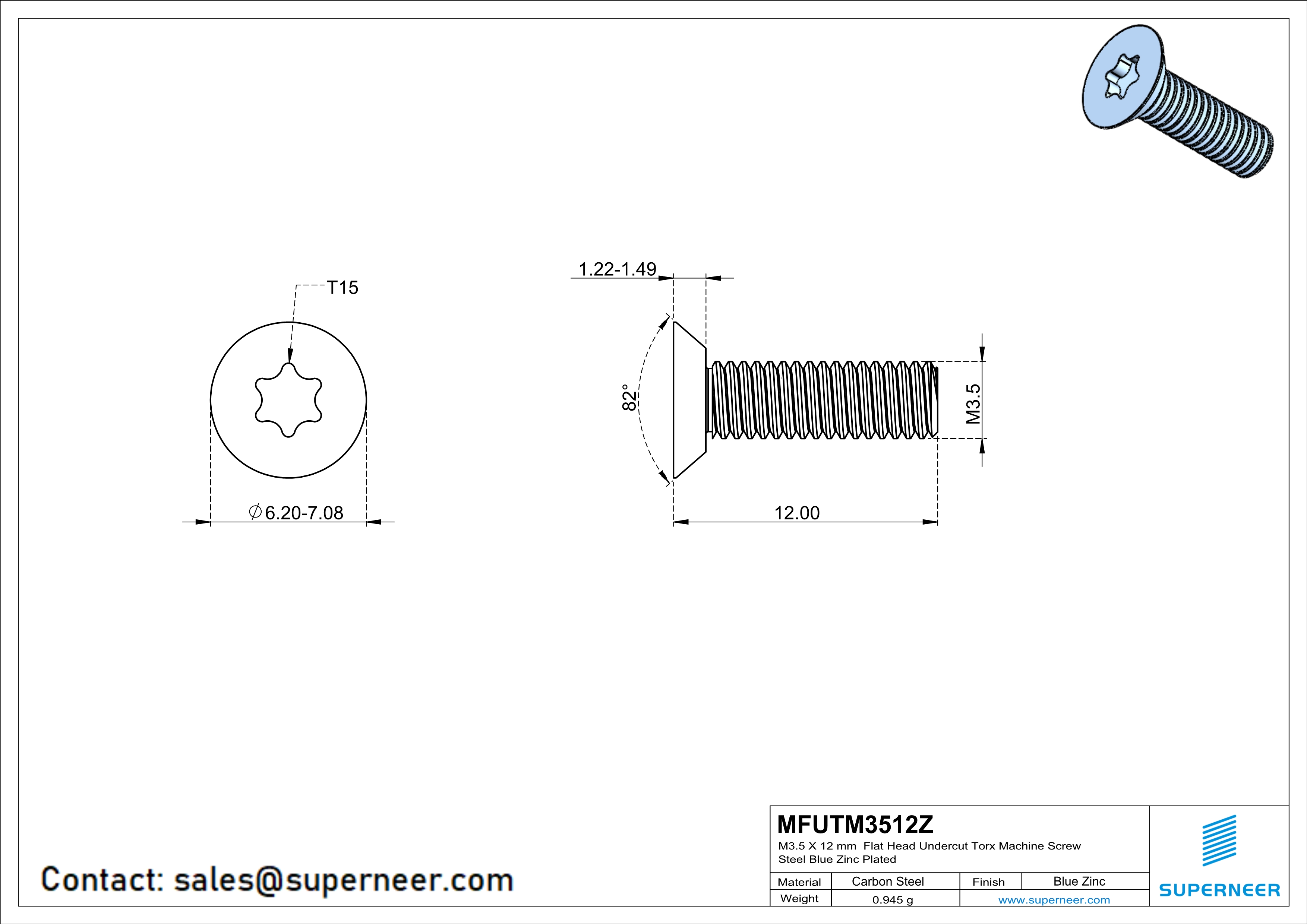 M3.5 x 12 mm Flat Head Undercut Torx Machine Screw Steel Blue Zinc Plated