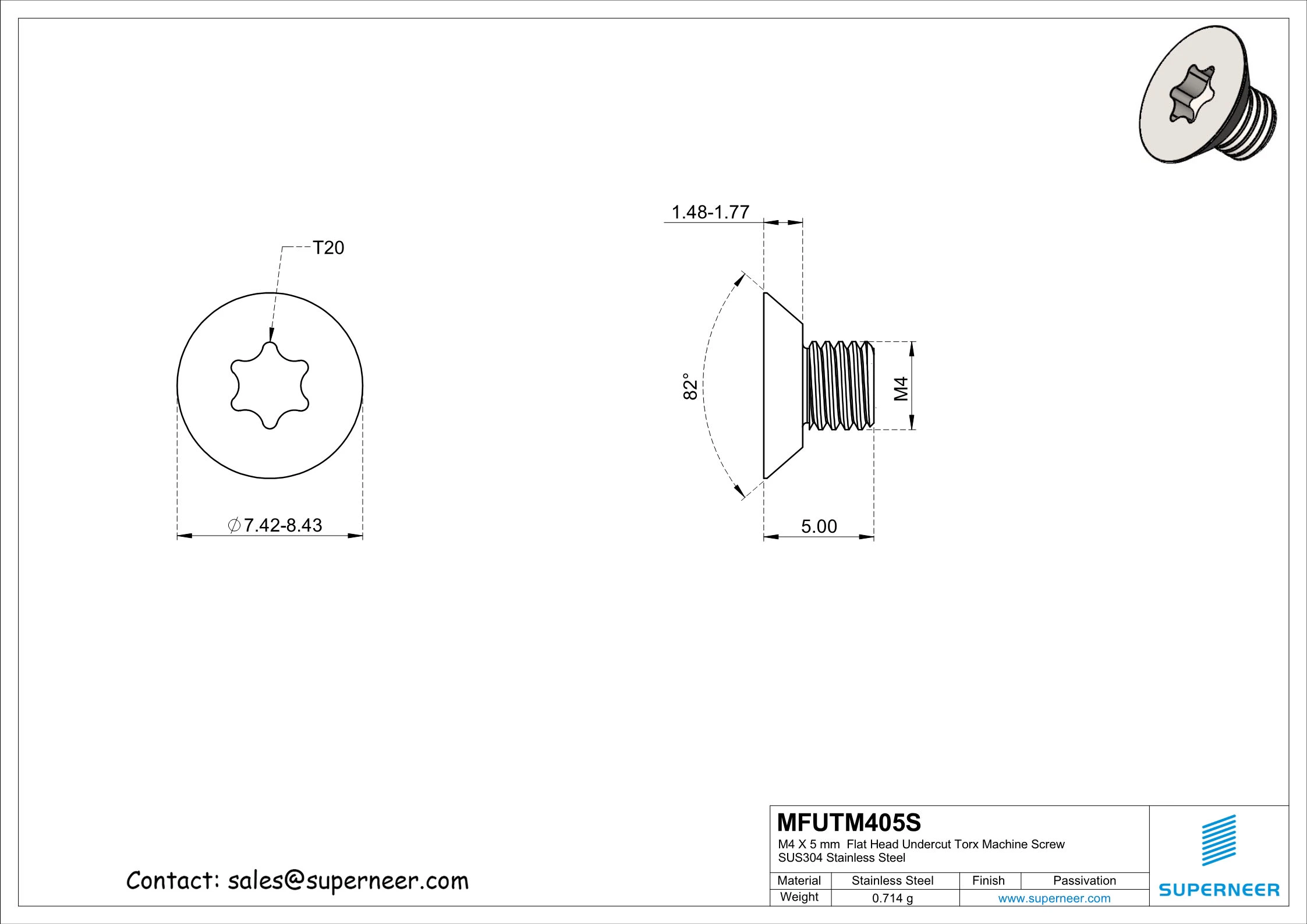 M4 x 5 mm  Flat Head Undercut Torx Machine Screw SUS304 Stainless Steel Inox