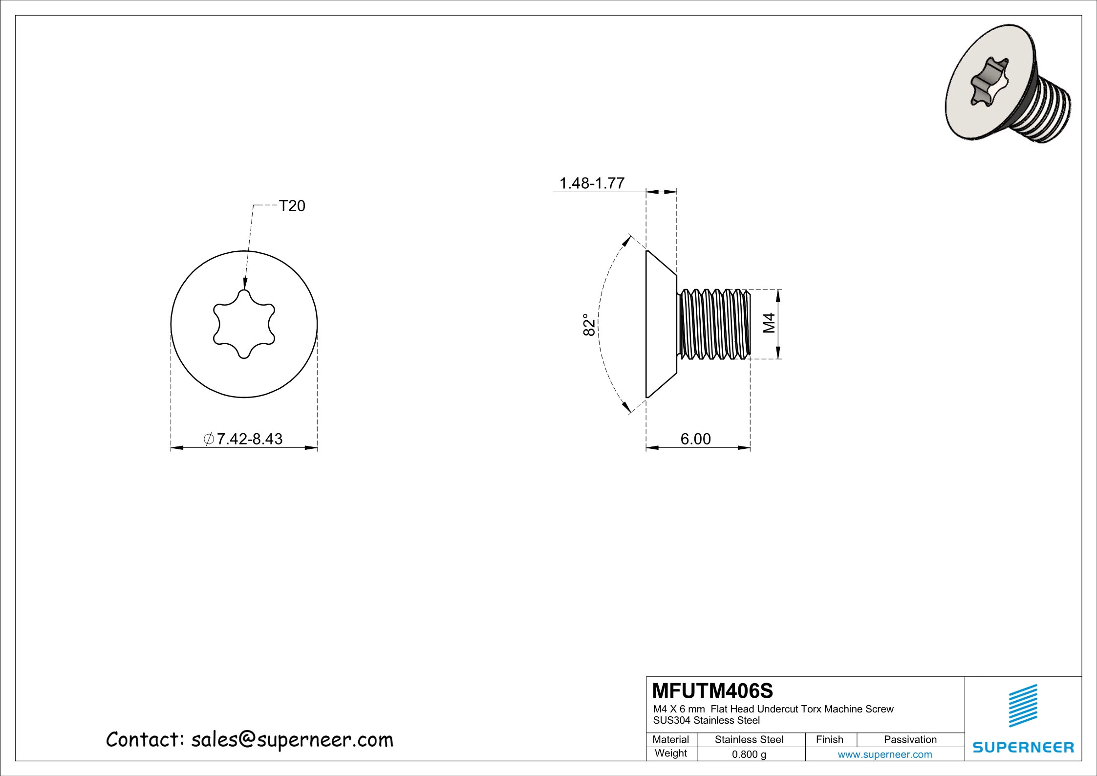 M4 x 6 mm  Flat Head Undercut Torx Machine Screw SUS304 Stainless Steel Inox