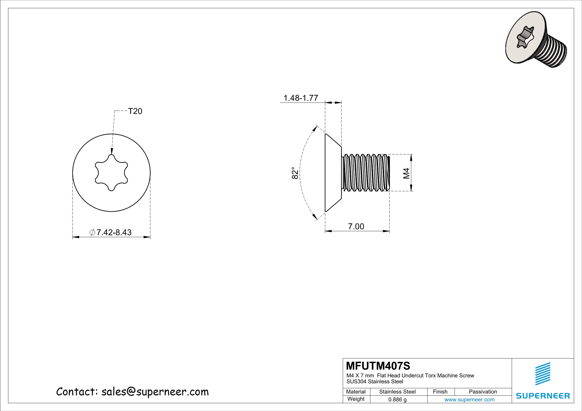 M4 x 7 mm  Flat Head Undercut Torx Machine Screw SUS304 Stainless Steel Inox