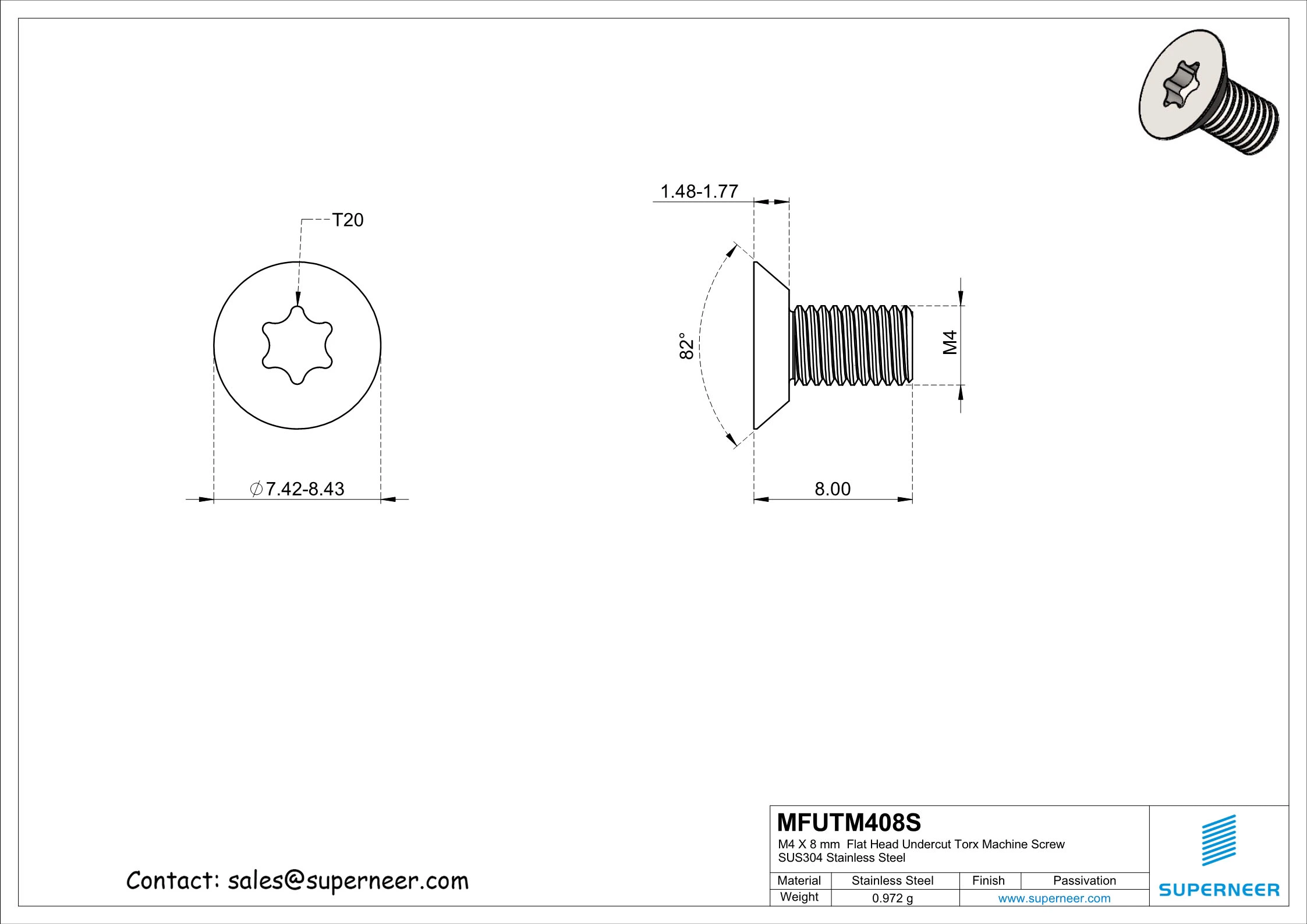 M4 x 8 mm  Flat Head Undercut Torx Machine Screw SUS304 Stainless Steel Inox