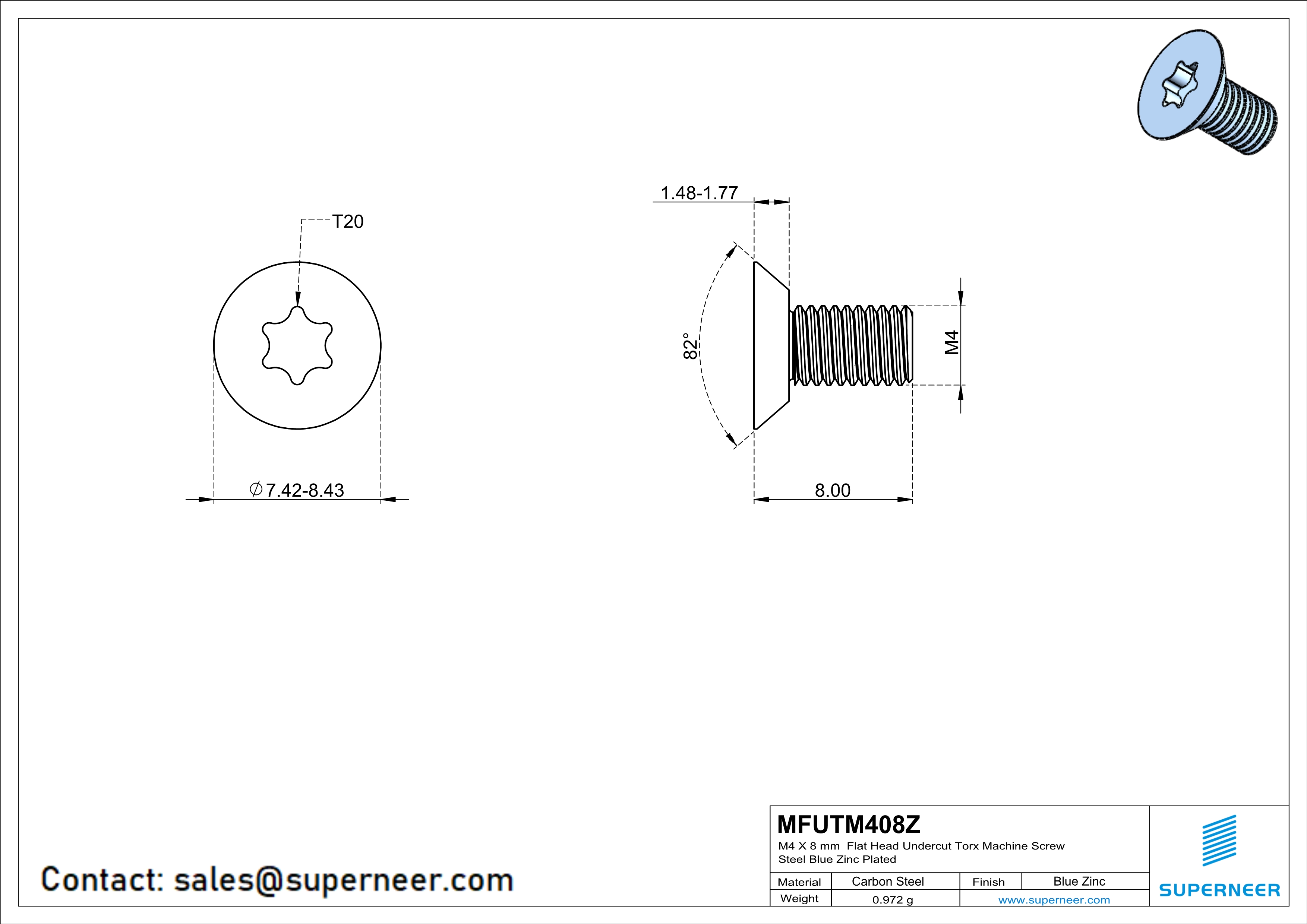 M4 x 8 mm Flat Head Undercut Torx Machine Screw Steel Blue Zinc Plated