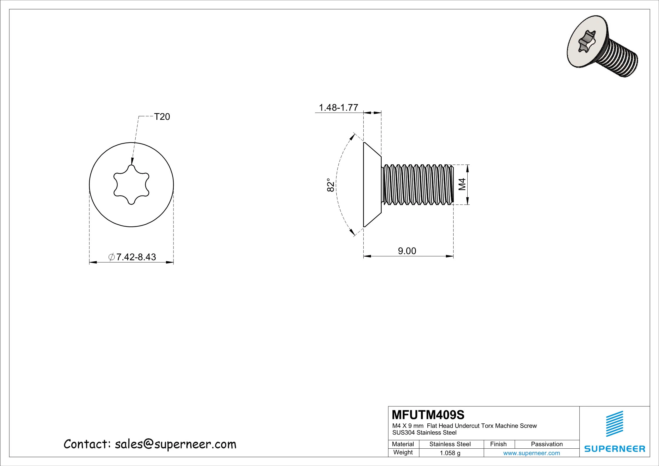 M4 x 9 mm  Flat Head Undercut Torx Machine Screw SUS304 Stainless Steel Inox