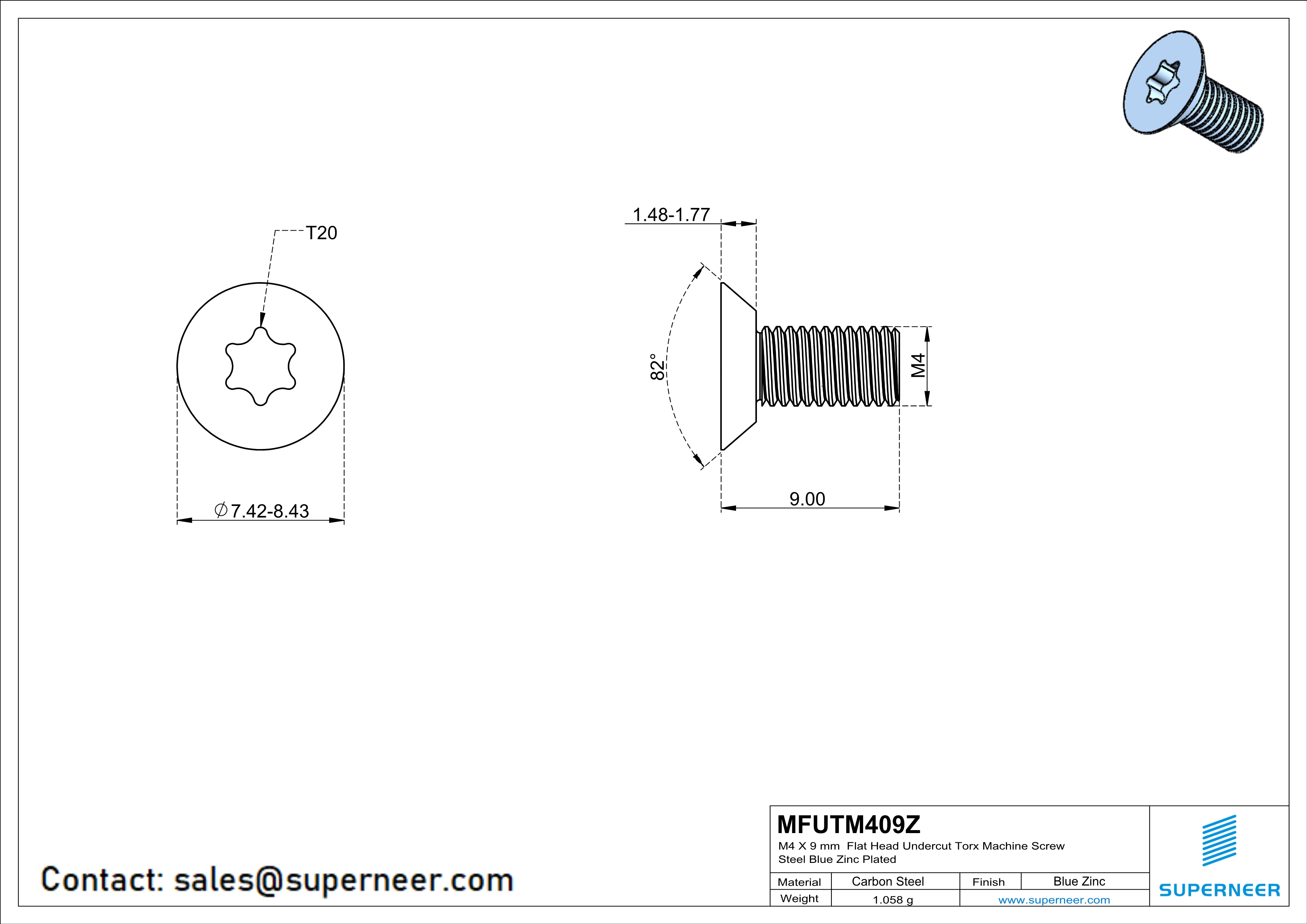 M4 x 9 mm Flat Head Undercut Torx Machine Screw Steel Blue Zinc Plated