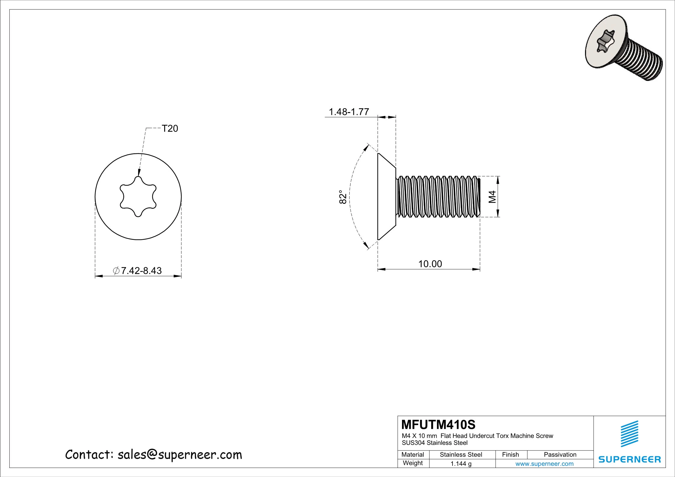 M4 x 10 mm  Flat Head Undercut Torx Machine Screw SUS304 Stainless Steel Inox