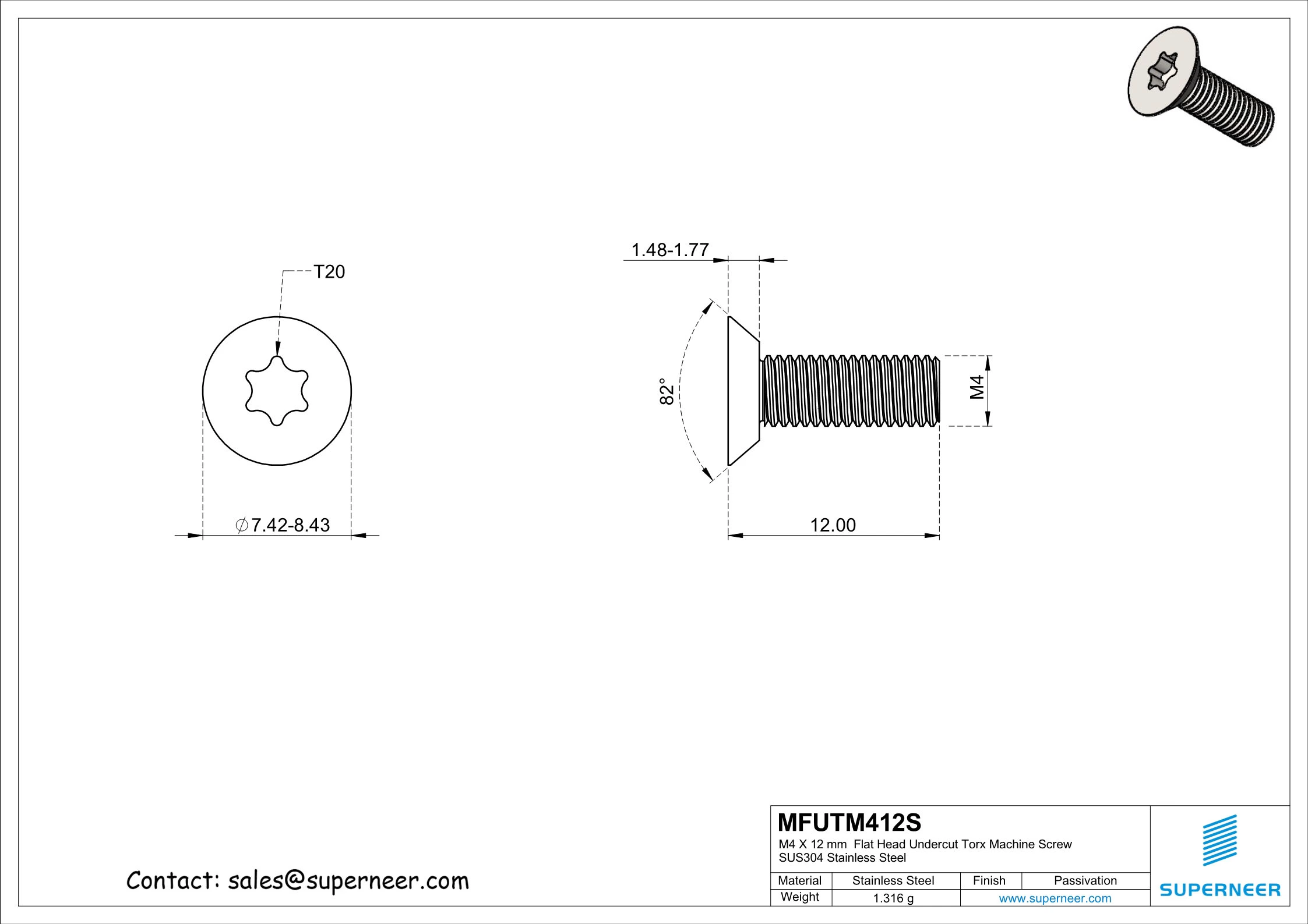 M4 x 12 mm  Flat Head Undercut Torx Machine Screw SUS304 Stainless Steel Inox