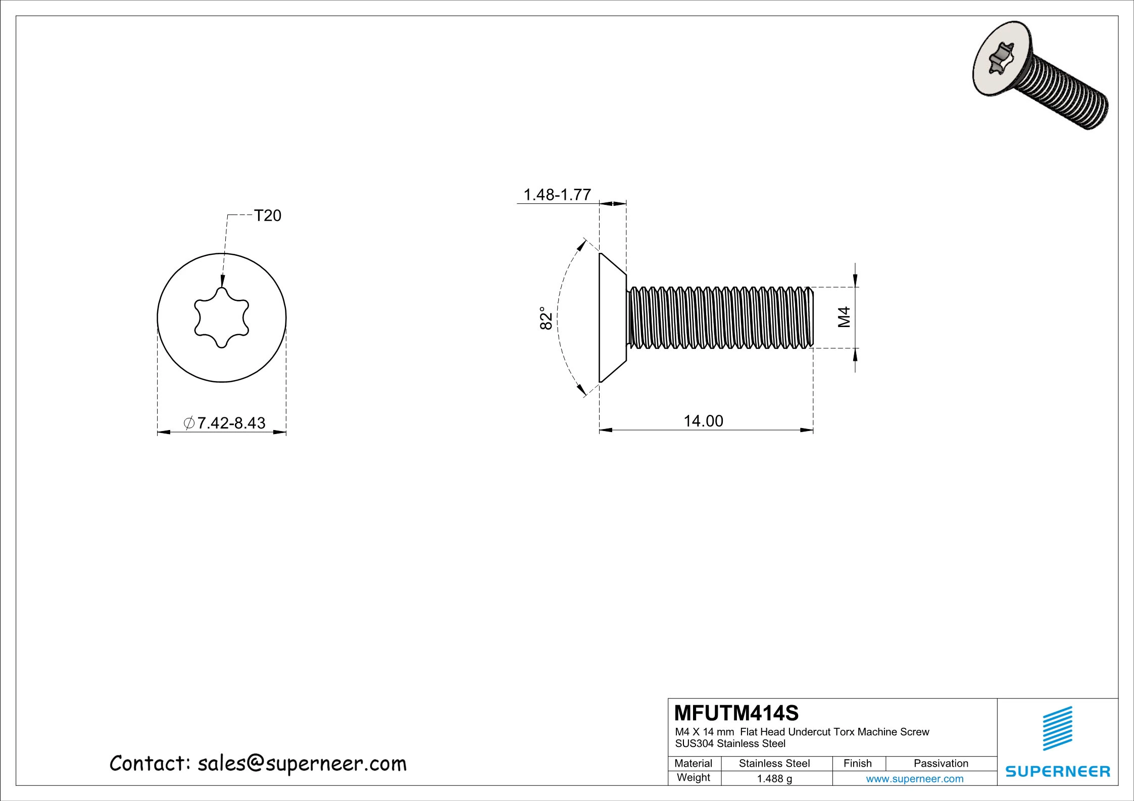 M4 x 14 mm  Flat Head Undercut Torx Machine Screw SUS304 Stainless Steel Inox