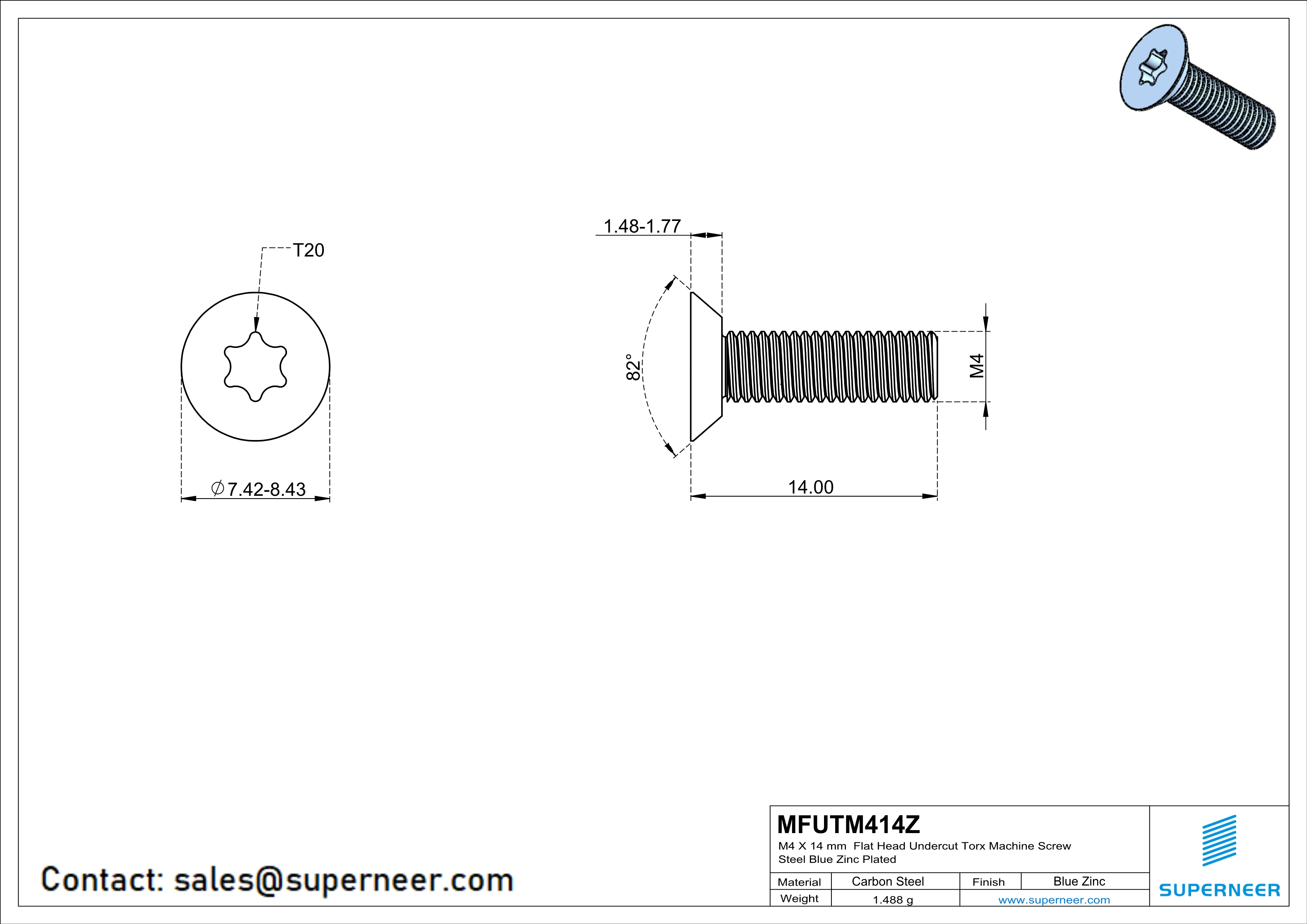 M4 x 14 mm Flat Head Undercut Torx Machine Screw Steel Blue Zinc Plated