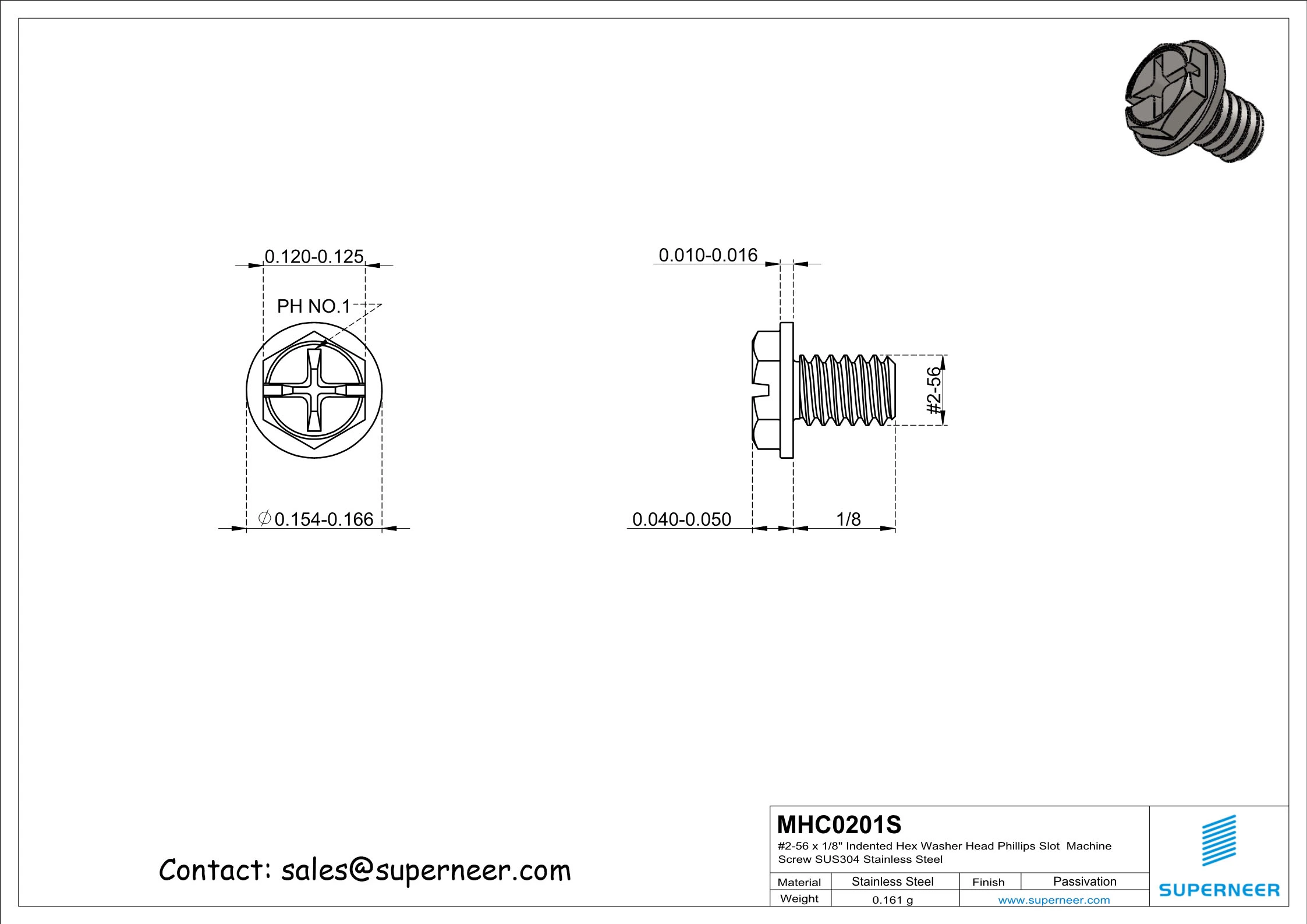 2-56 x 1/8" Indented Hex Washer Head Phillips Slot Machine Screw SUS304 Stainless Steel Inox