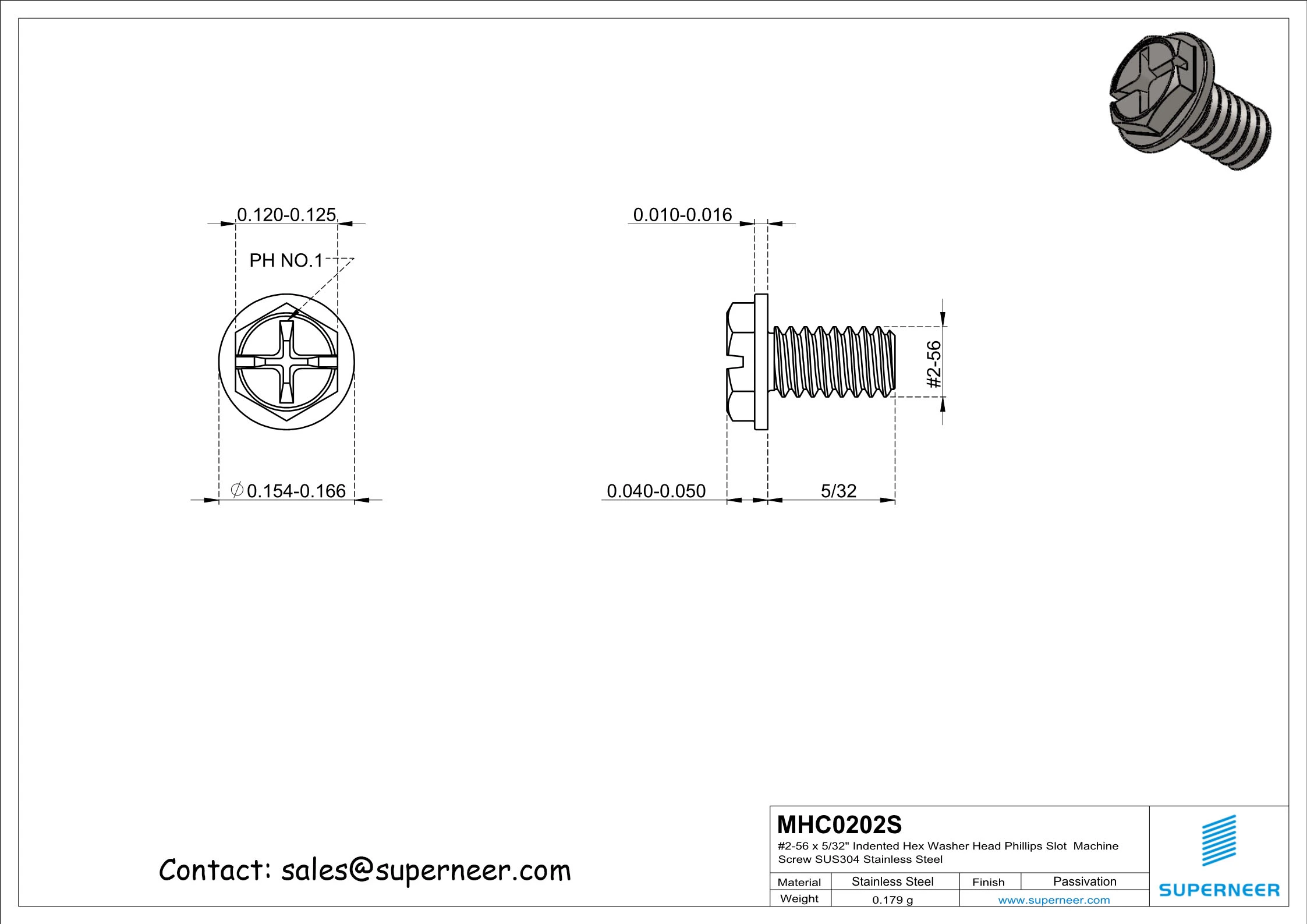 2-56 x 5/32" Indented Hex Washer Head Phillips Slot Machine Screw SUS304 Stainless Steel Inox