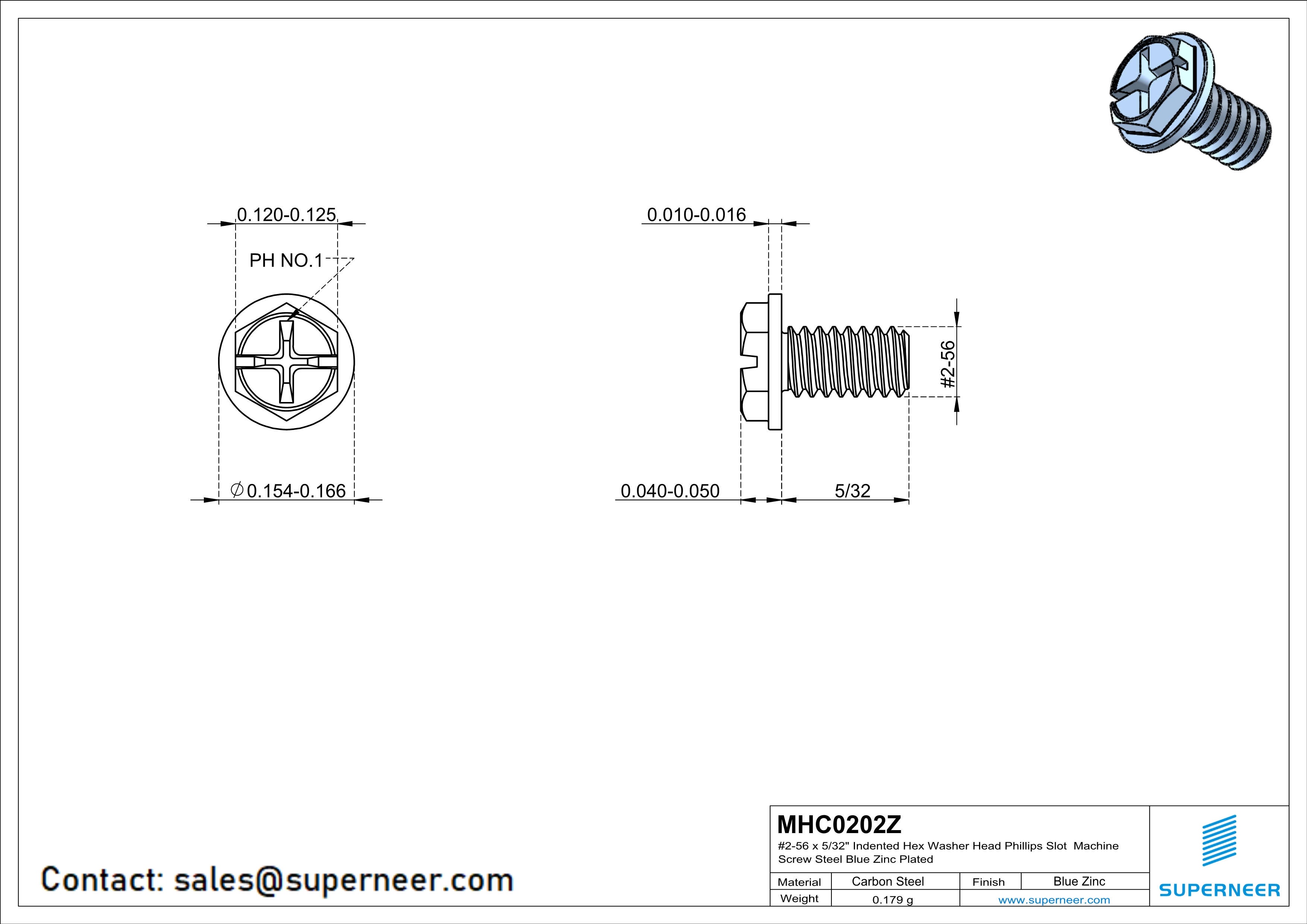 2-56 x 5/32" Indented Hex Washer Head Phillips Slot Machine Screw Steel Blue Zinc Plated