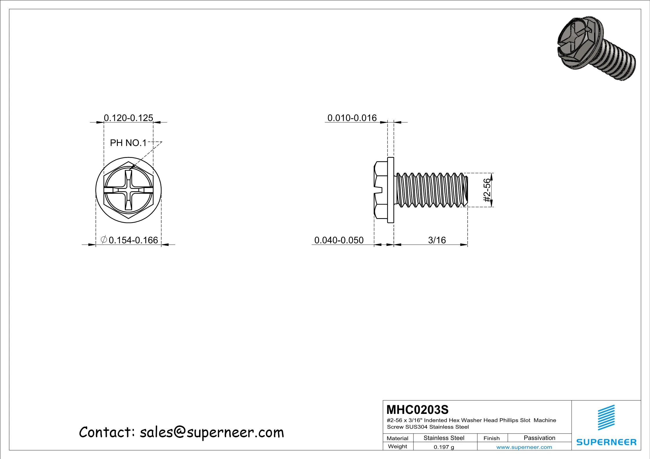 2-56 x 3/16" Indented Hex Washer Head Phillips Slot Machine Screw SUS304 Stainless Steel Inox