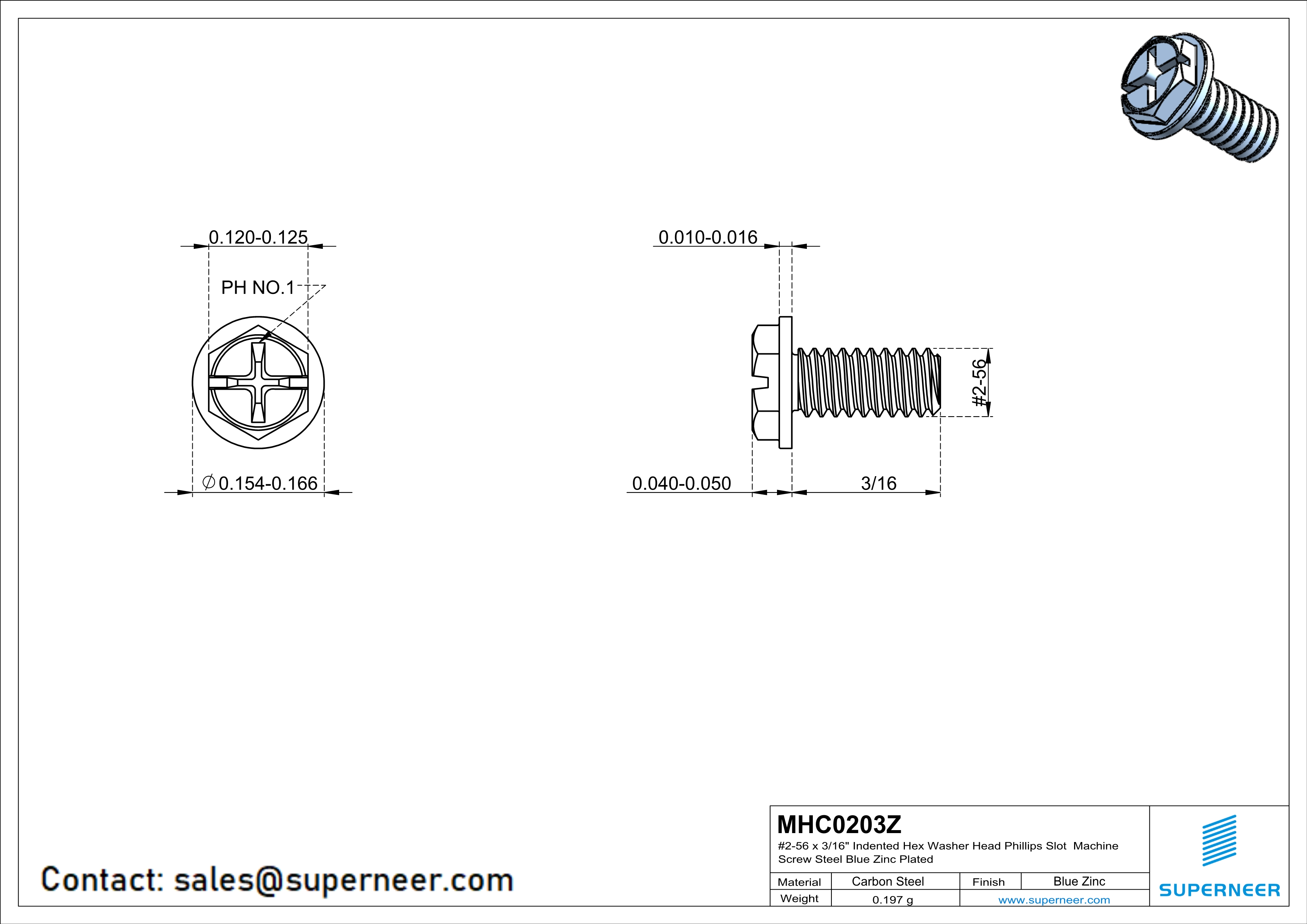 2-56 x 3/16" Indented Hex Washer Head Phillips Slot Machine Screw Steel Blue Zinc Plated