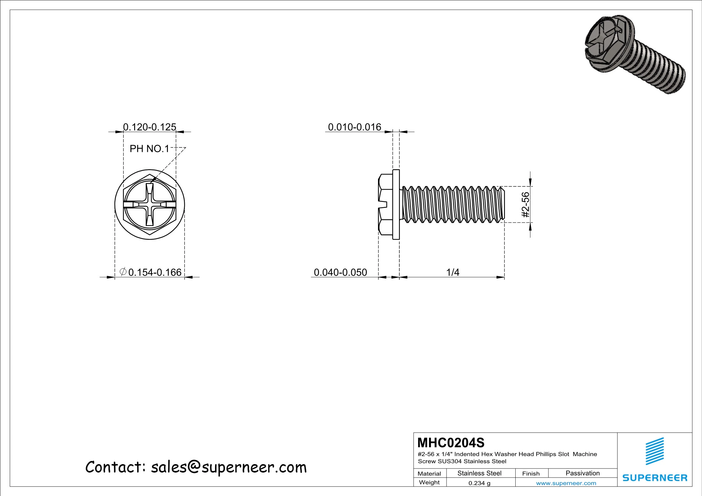 2-56 x 1/4" Indented Hex Washer Head Phillips Slot Machine Screw SUS304 Stainless Steel Inox