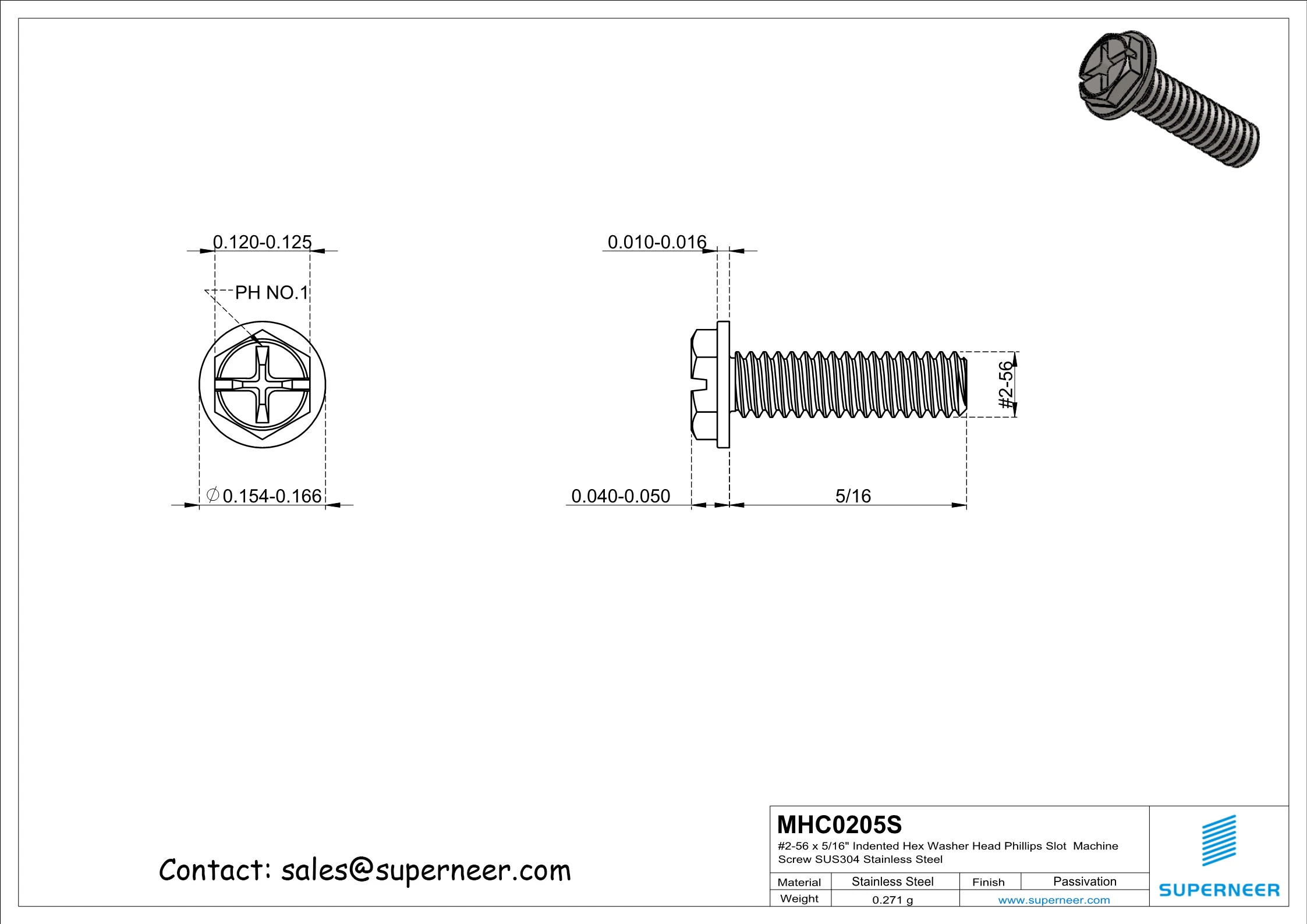 2-56 x 5/16" Indented Hex Washer Head Phillips Slot Machine Screw SUS304 Stainless Steel Inox