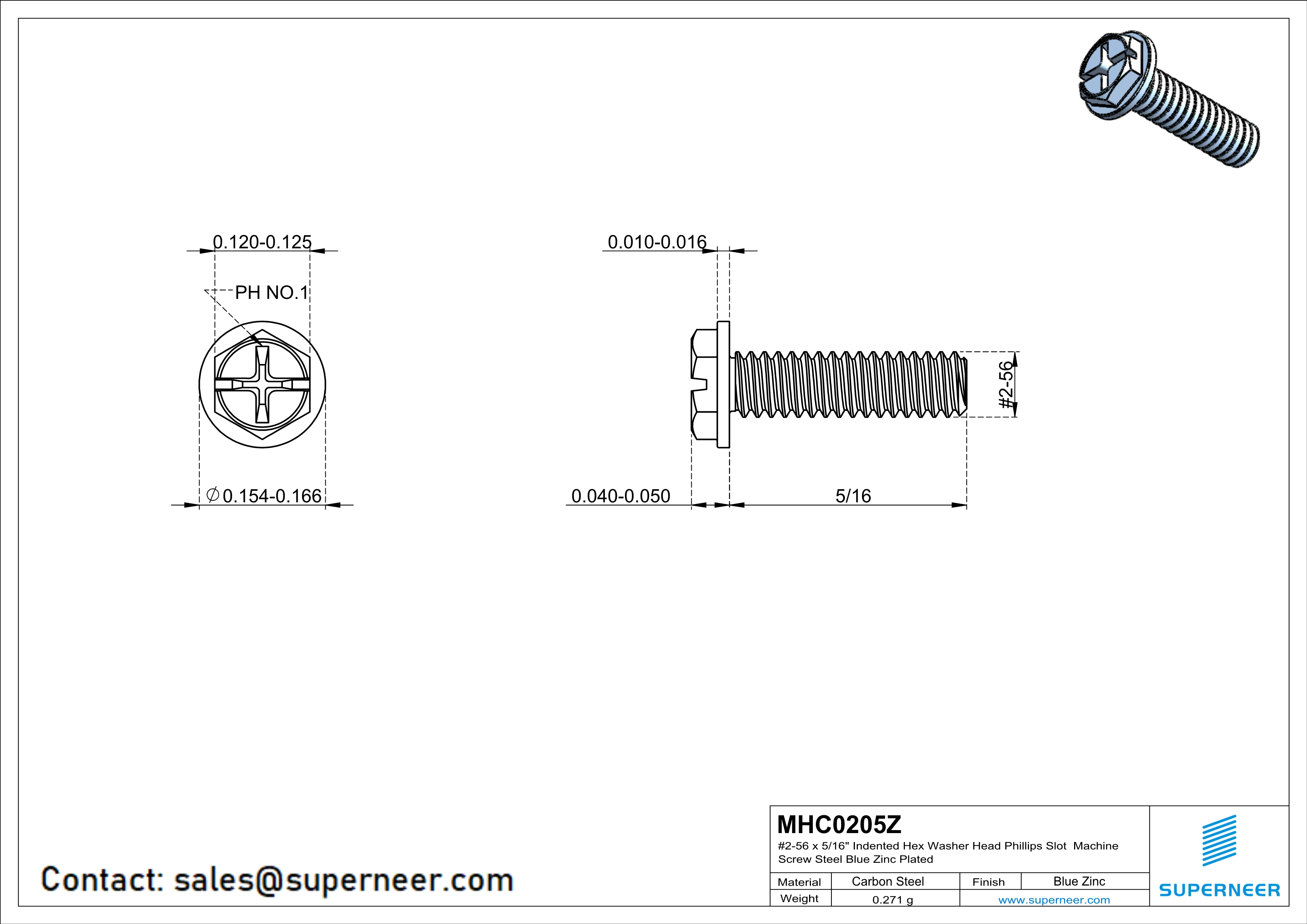 2-56 x 5/16" Indented Hex Washer Head Phillips Slot Machine Screw Steel Blue Zinc Plated