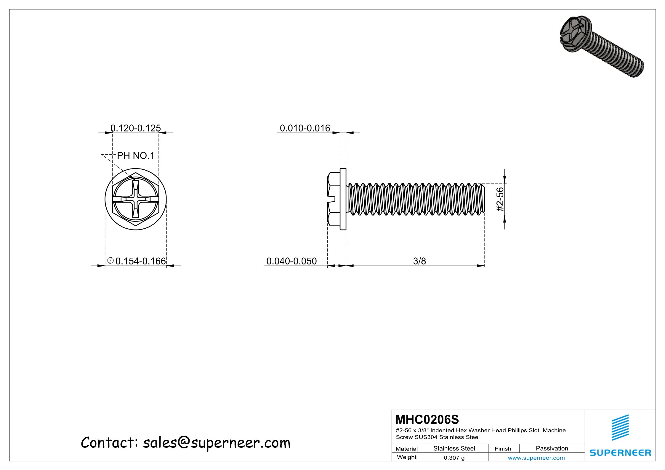 2-56 x 3/8" Indented Hex Washer Head Phillips Slot Machine Screw SUS304 Stainless Steel Inox