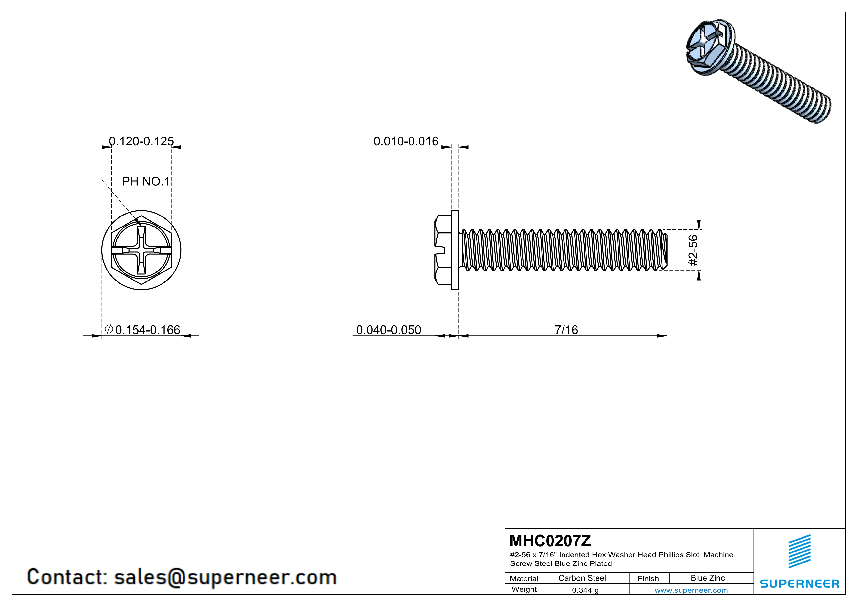 2-56 x 7/16“ Indented Hex Washer Head Phillips Slot Machine Screw Steel Blue Zinc Plated