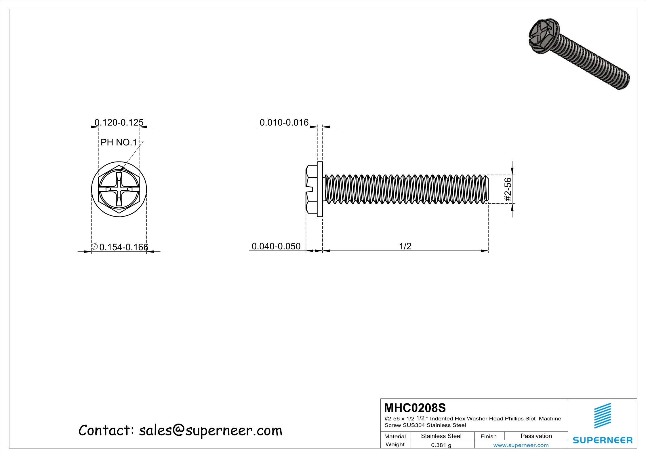 2-56 x 1/2" Indented Hex Washer Head Phillips Slot Machine Screw SUS304 Stainless Steel Inox