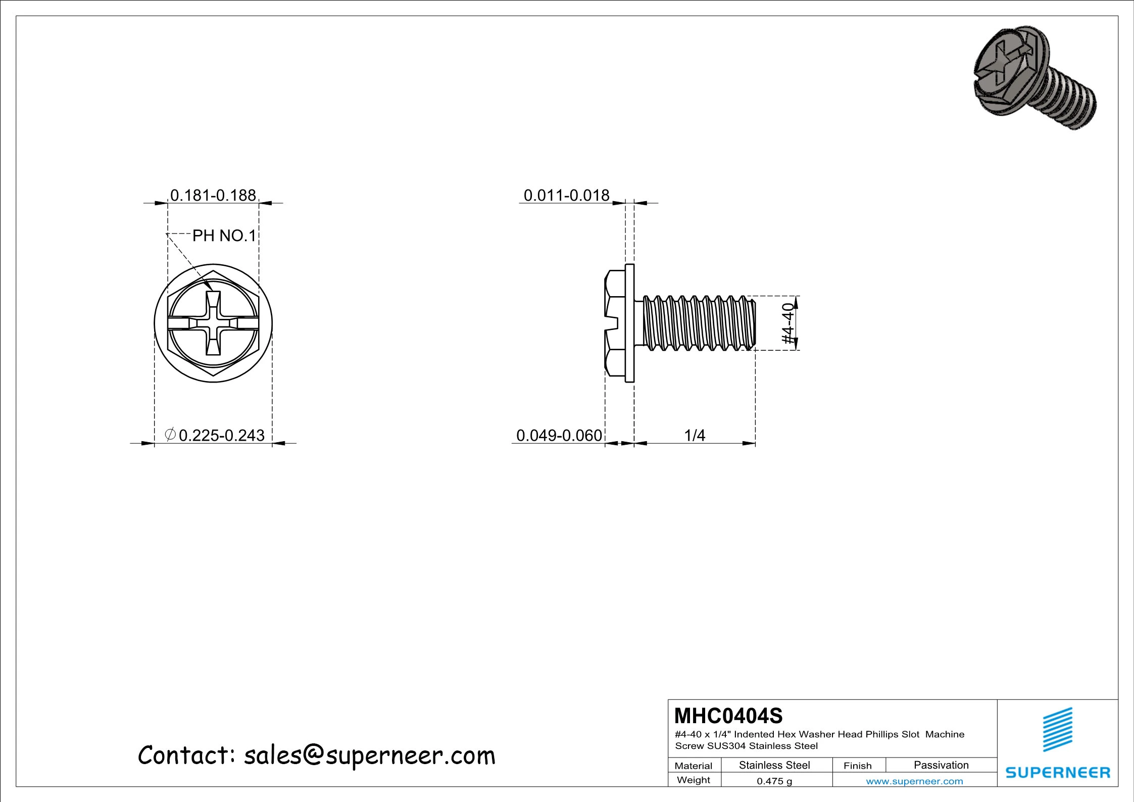 4-40 x 1/4" Indented Hex Washer Head Phillips Slot Machine Screw SUS304 Stainless Steel Inox