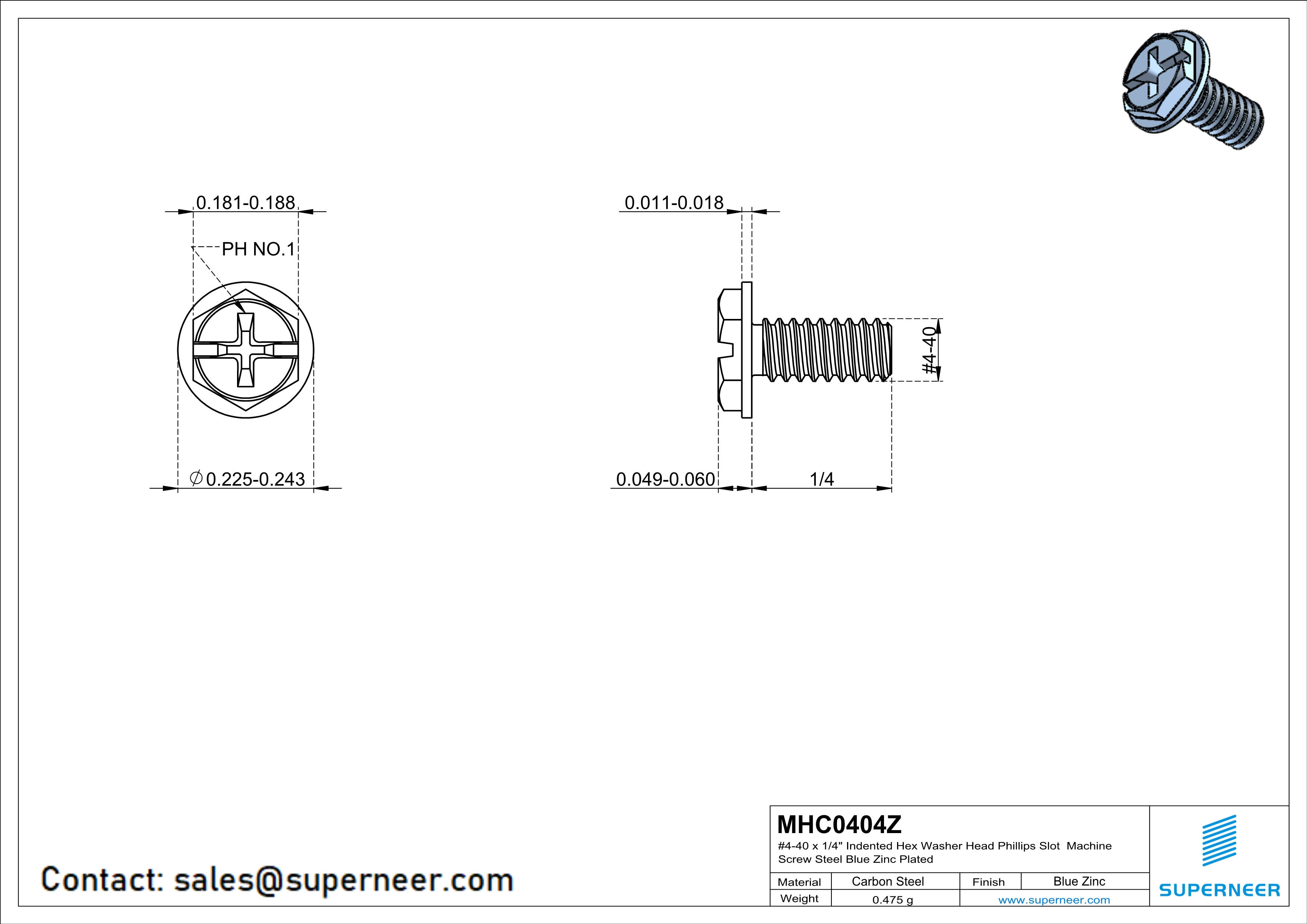 4-40 x 1/4" Indented Hex Washer Head Phillips Slot Machine Screw Steel Blue Zinc Plated