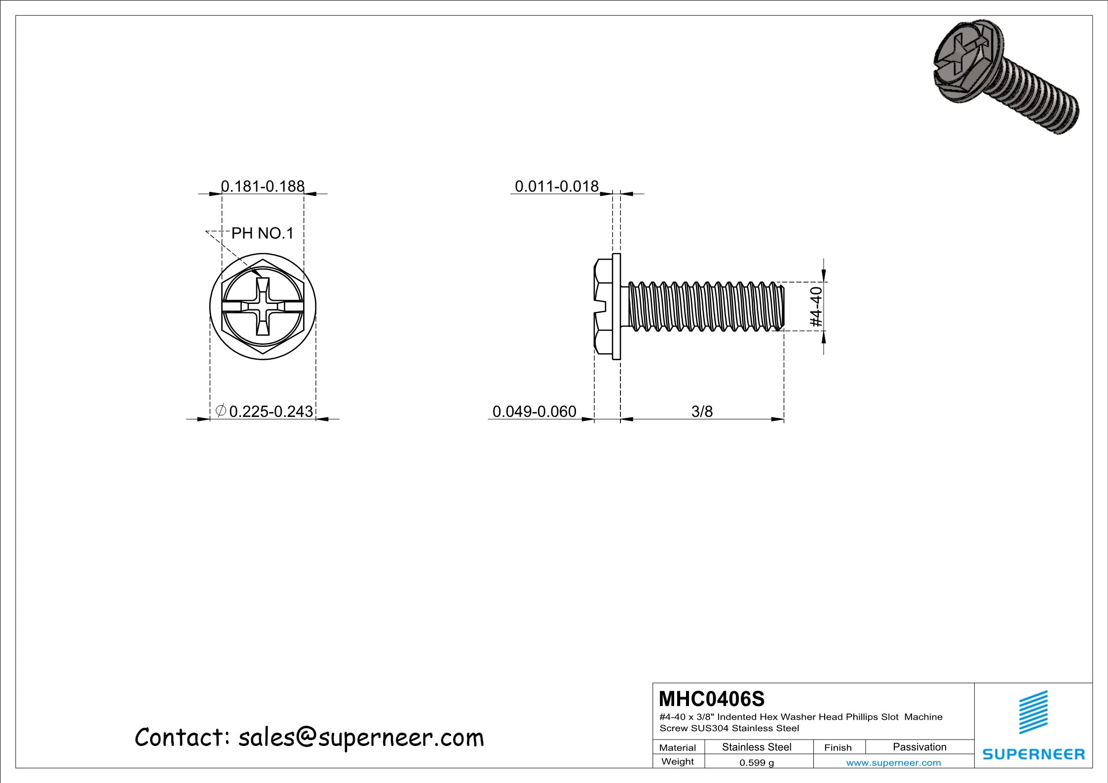 4-40 x 3/8" Indented Hex Washer Head Phillips Slot Machine Screw SUS304 Stainless Steel Inox