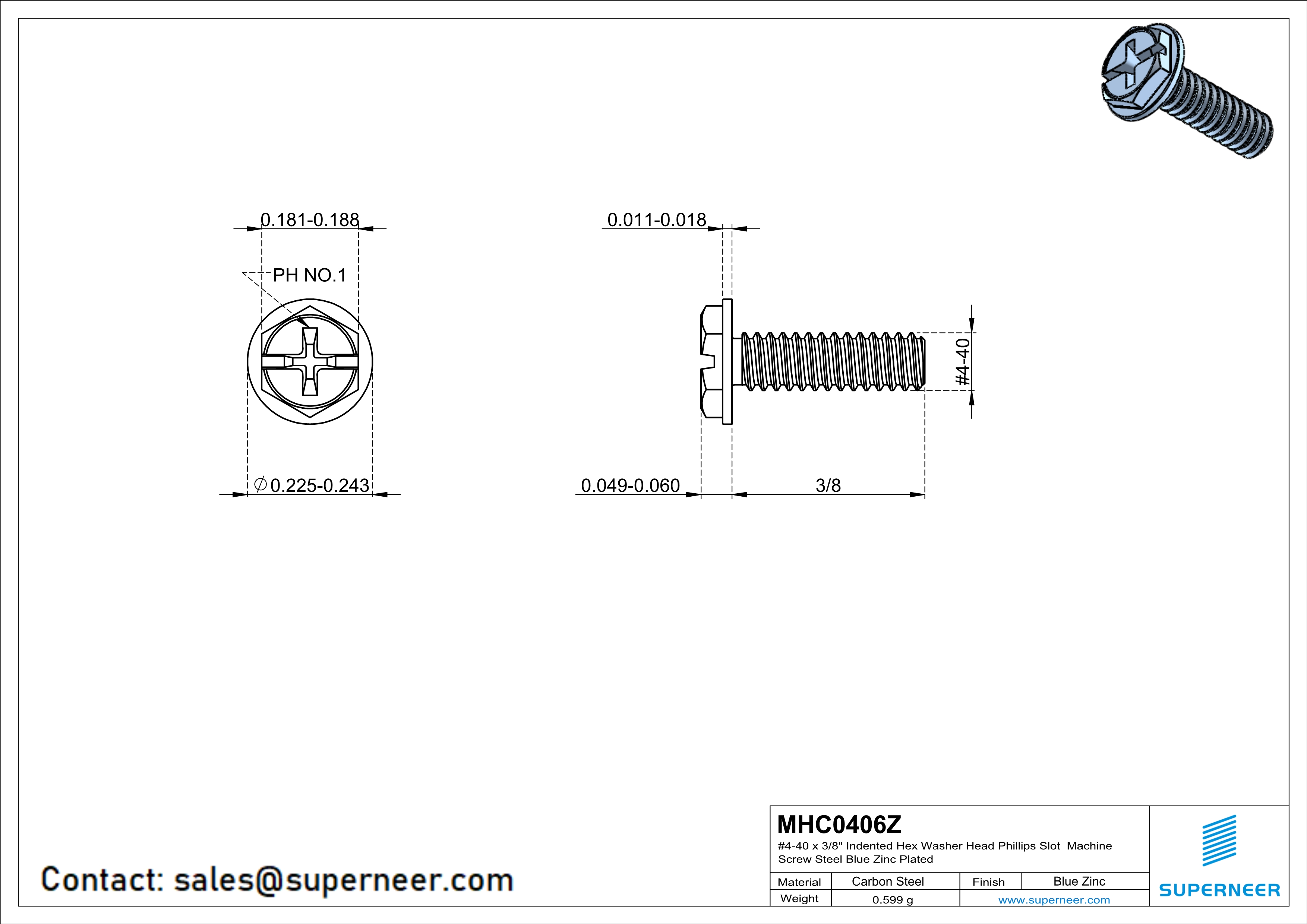 4-40 x 3/8" Indented Hex Washer Head Phillips Slot Machine Screw Steel Blue Zinc Plated