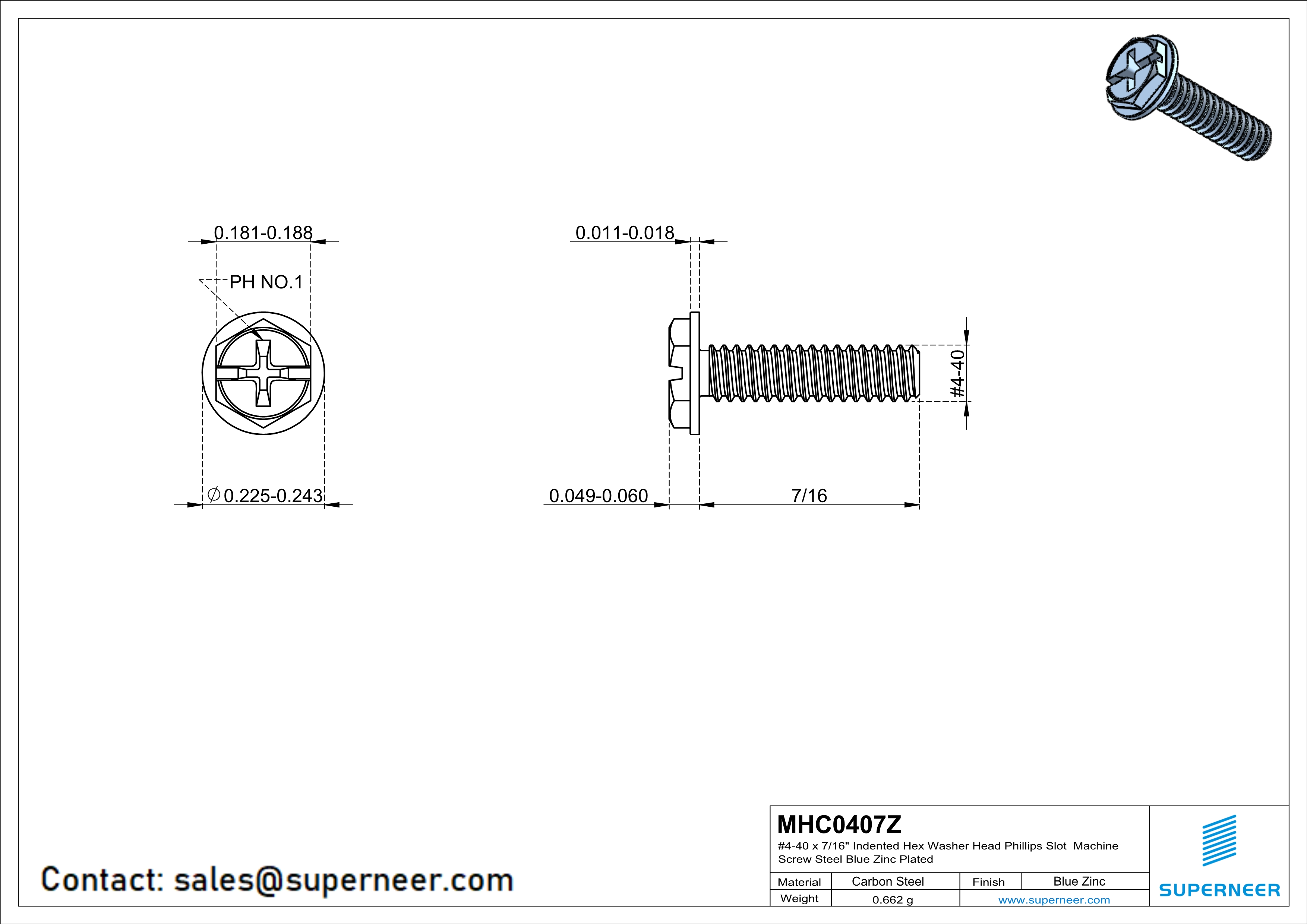 4-40 x 7/16“ Indented Hex Washer Head Phillips Slot Machine Screw Steel Blue Zinc Plated