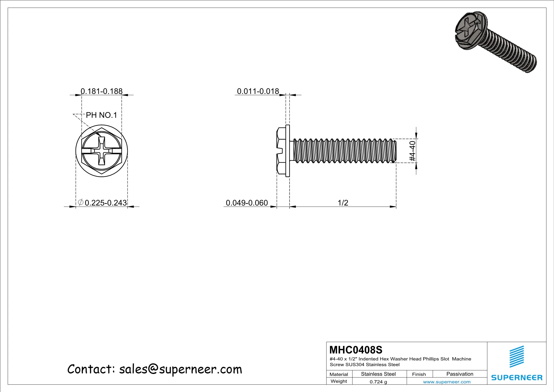 4-40 x 1/2" Indented Hex Washer Head Phillips Slot Machine Screw SUS304 Stainless Steel Inox