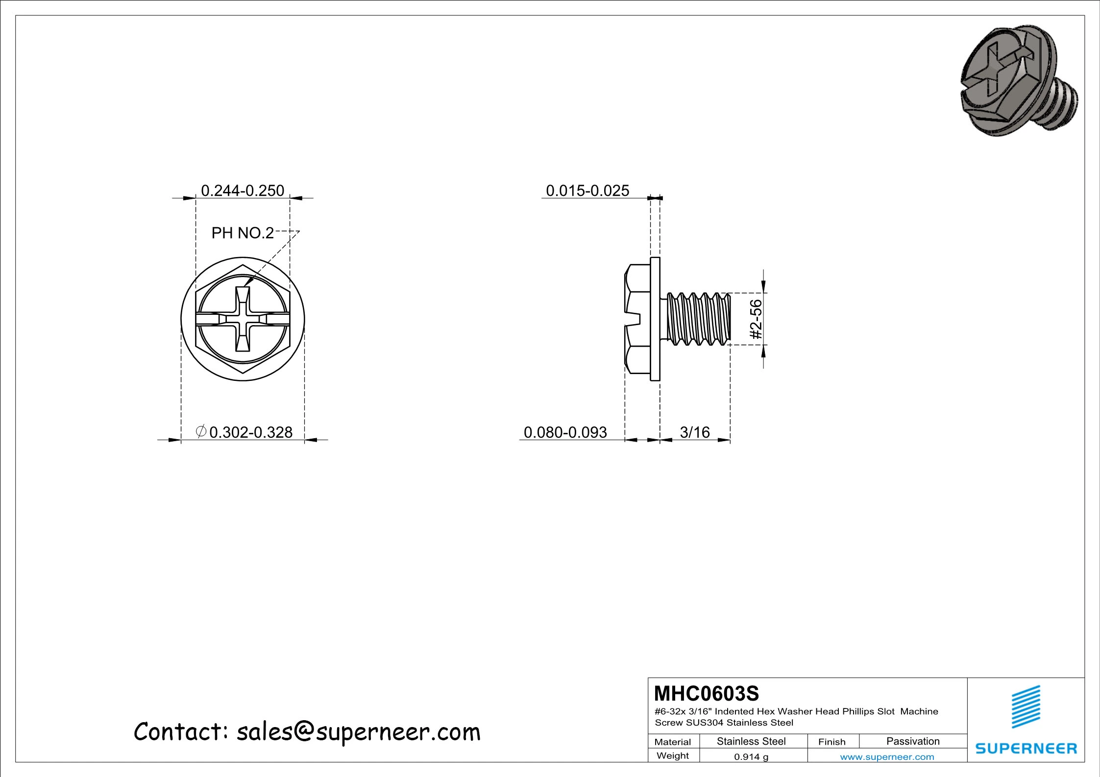 6-32 x 3/16" Indented Hex Washer Head Phillips Slot Machine Screw SUS304 Stainless Steel Inox