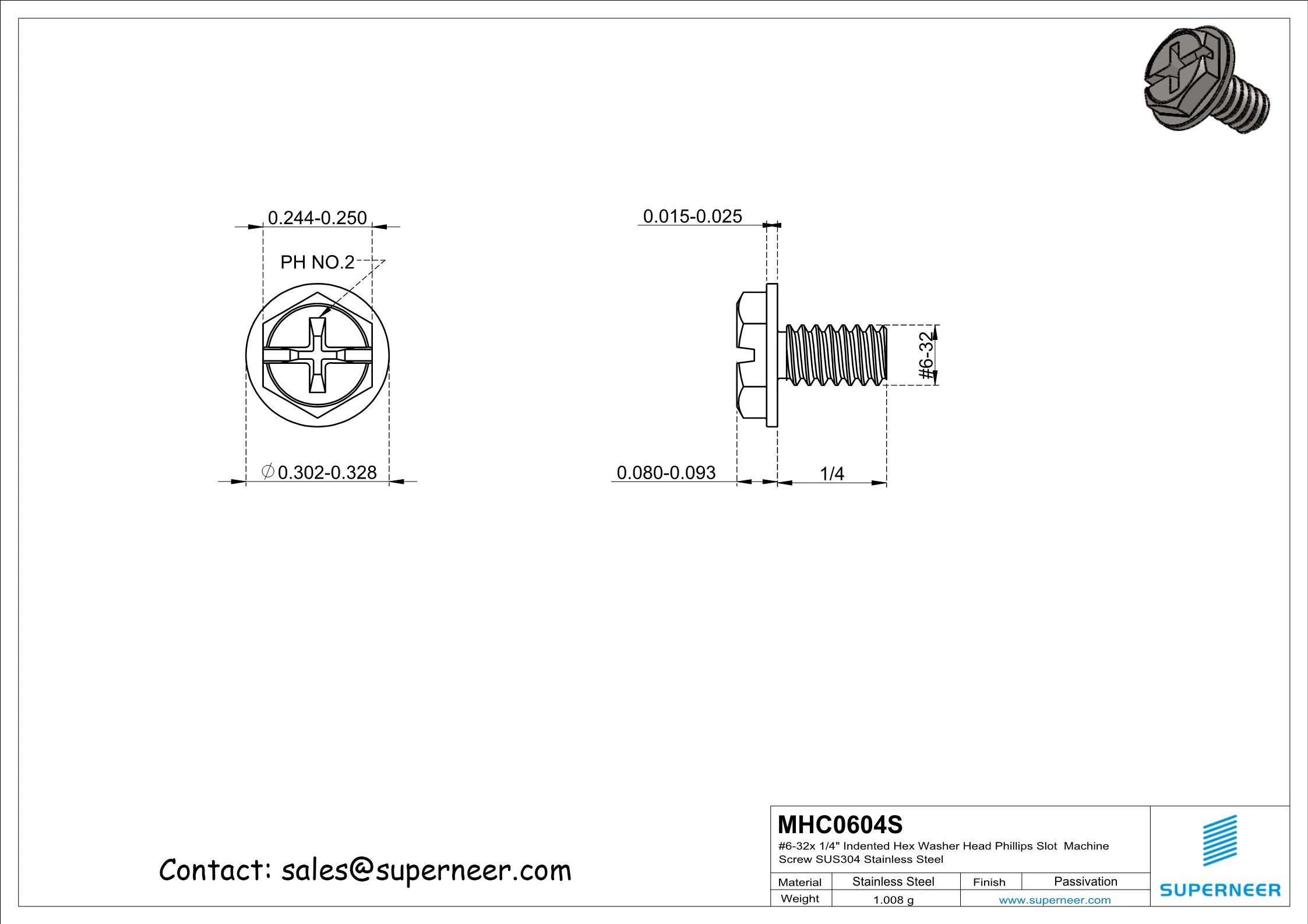 6-32 x 1/4" Indented Hex Washer Head Phillips Slot Machine Screw SUS304 Stainless Steel Inox