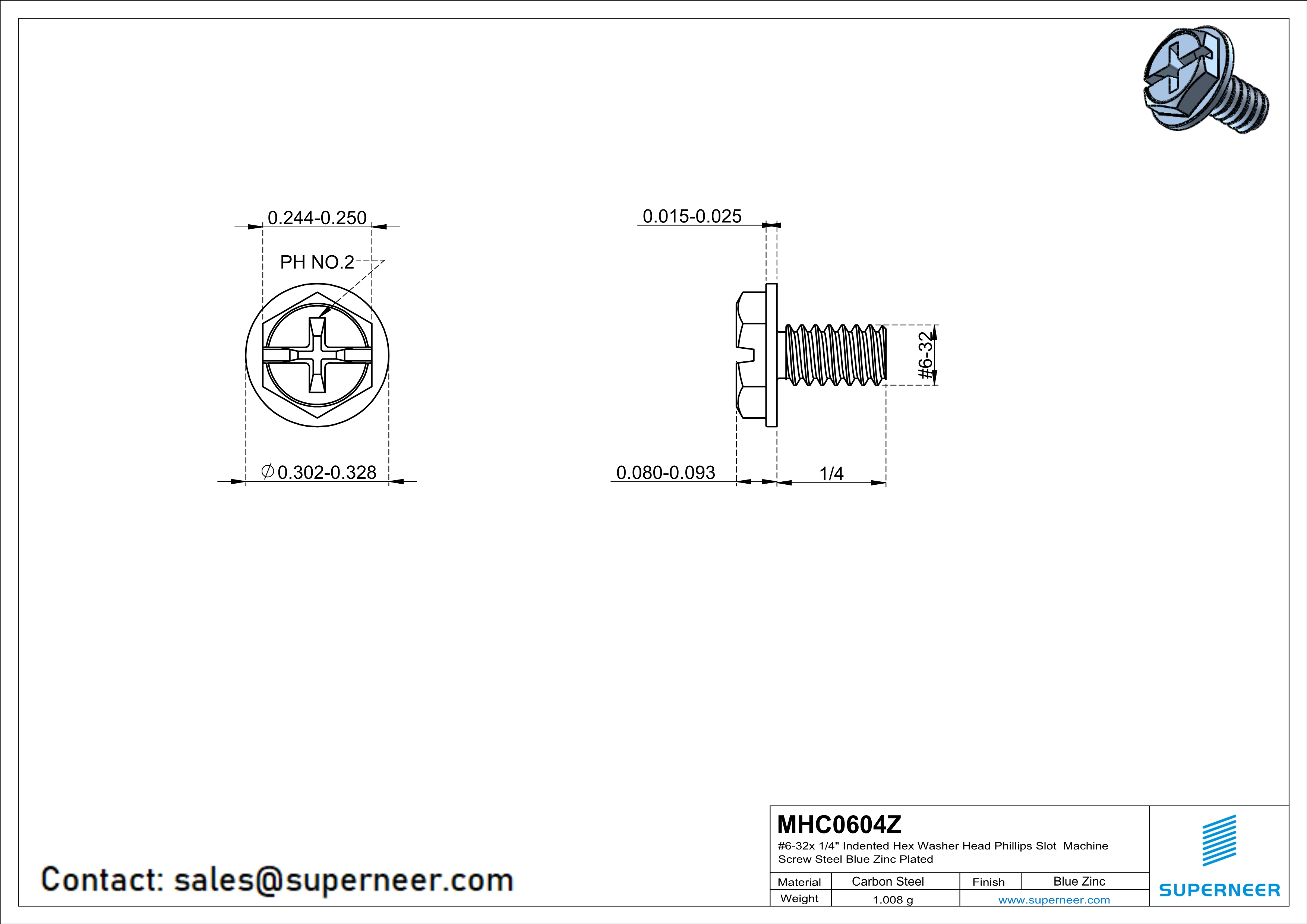 6-32 x 1/4" Indented Hex Washer Head Phillips Slot Machine Screw Steel Blue Zinc Plated