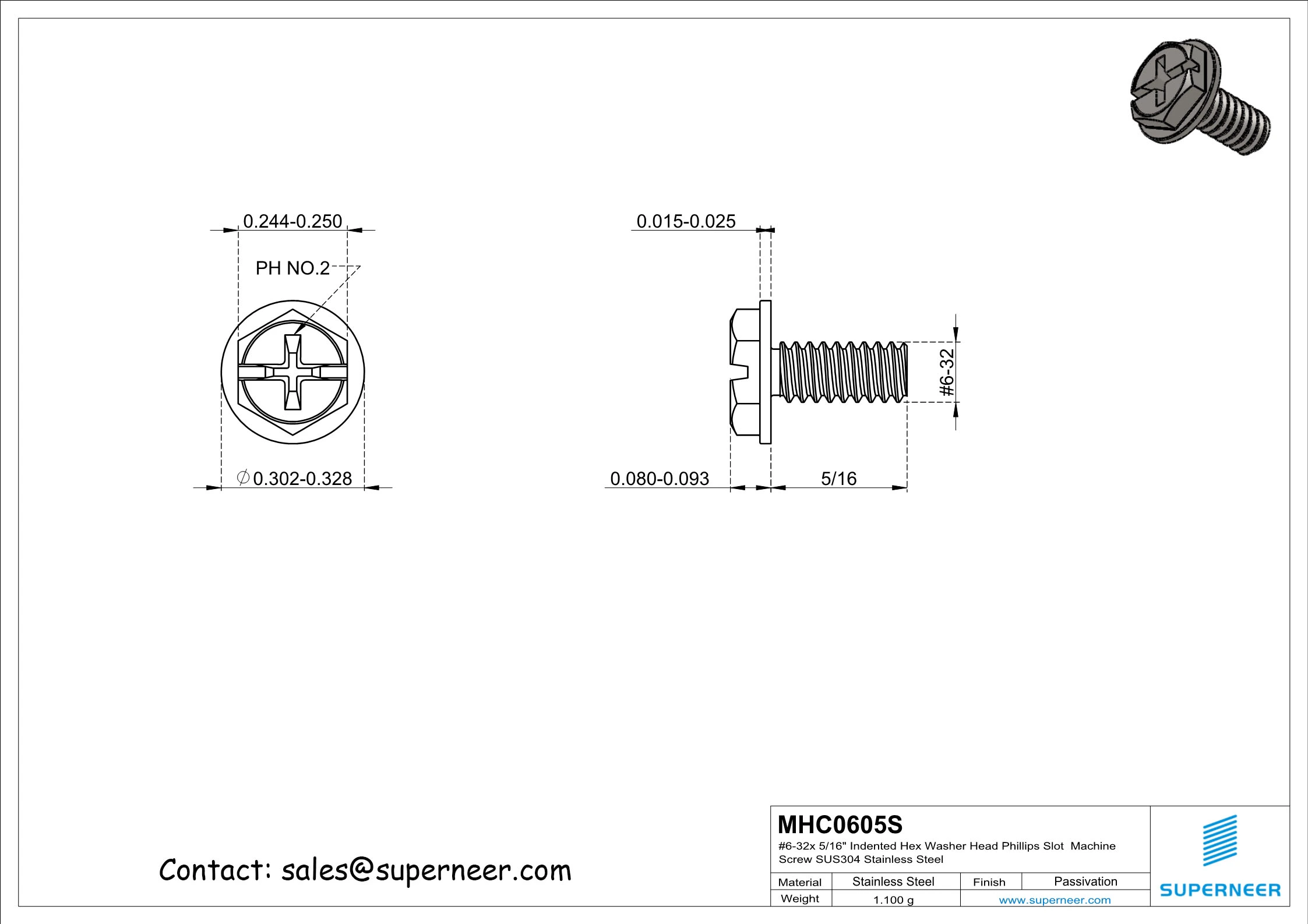 6-32 x 5/16" Indented Hex Washer Head Phillips Slot Machine Screw SUS304 Stainless Steel Inox