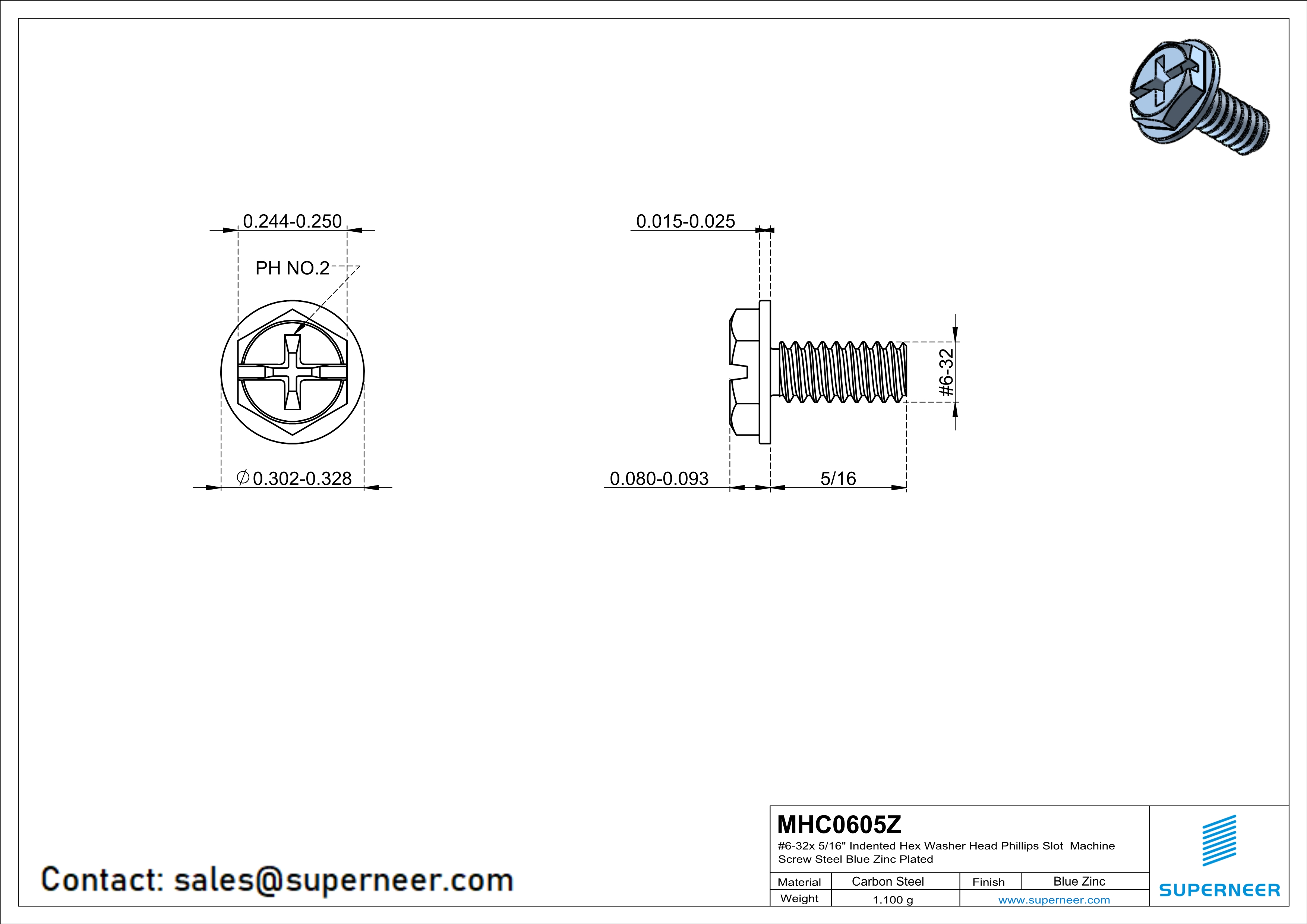 6-32 x 5/16" Indented Hex Washer Head Phillips Slot Machine Screw Steel Blue Zinc Plated