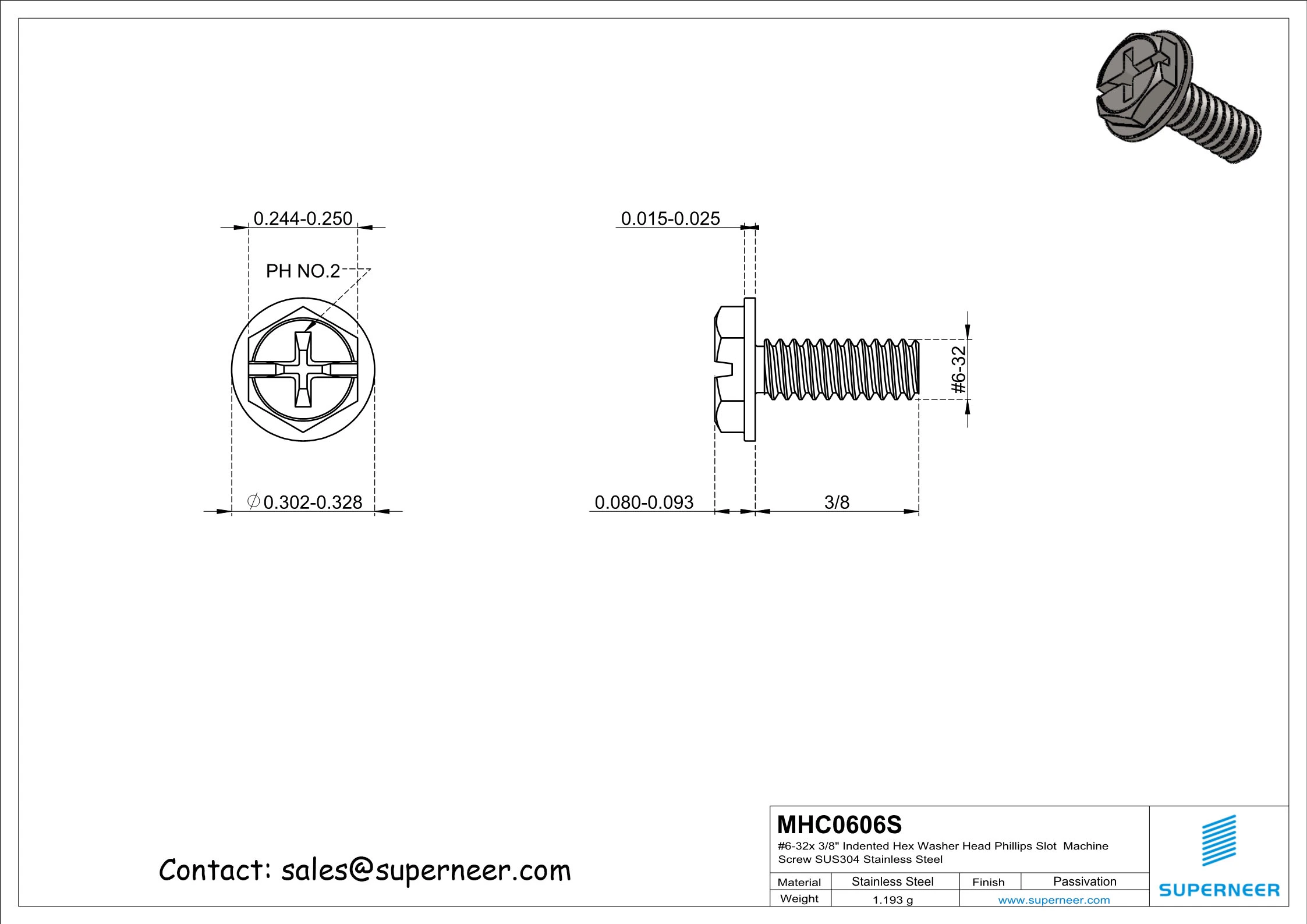 6-32 x 3/8" Indented Hex Washer Head Phillips Slot Machine Screw SUS304 Stainless Steel Inox