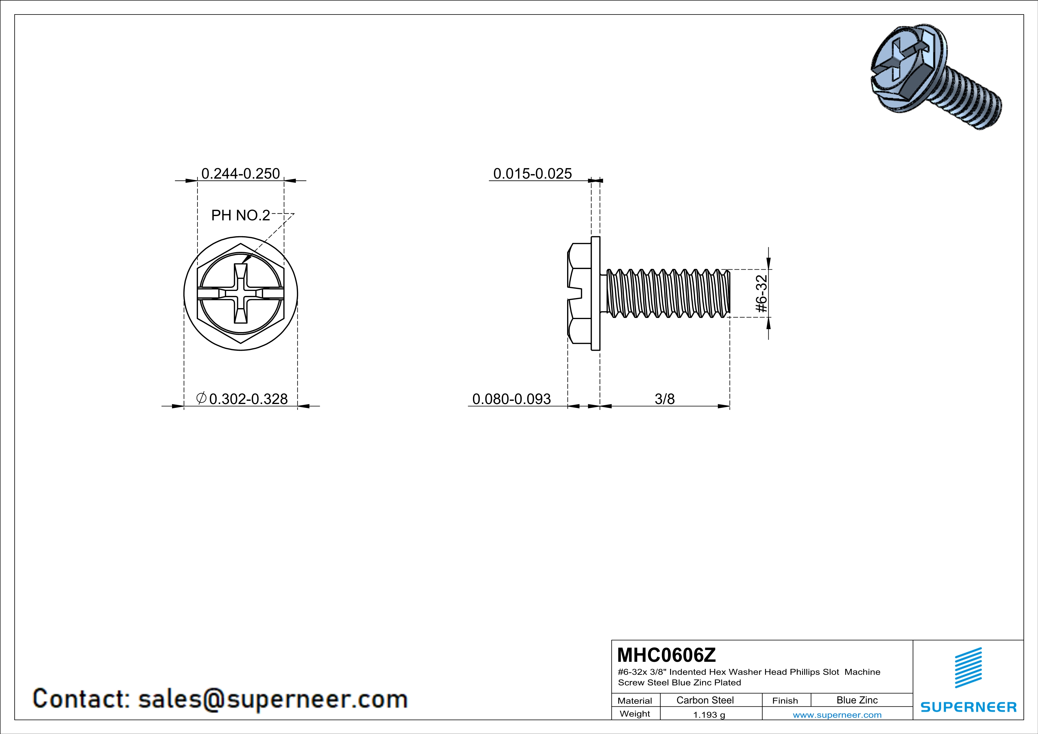 6-32 x 3/8" Indented Hex Washer Head Phillips Slot Machine Screw Steel Blue Zinc Plated