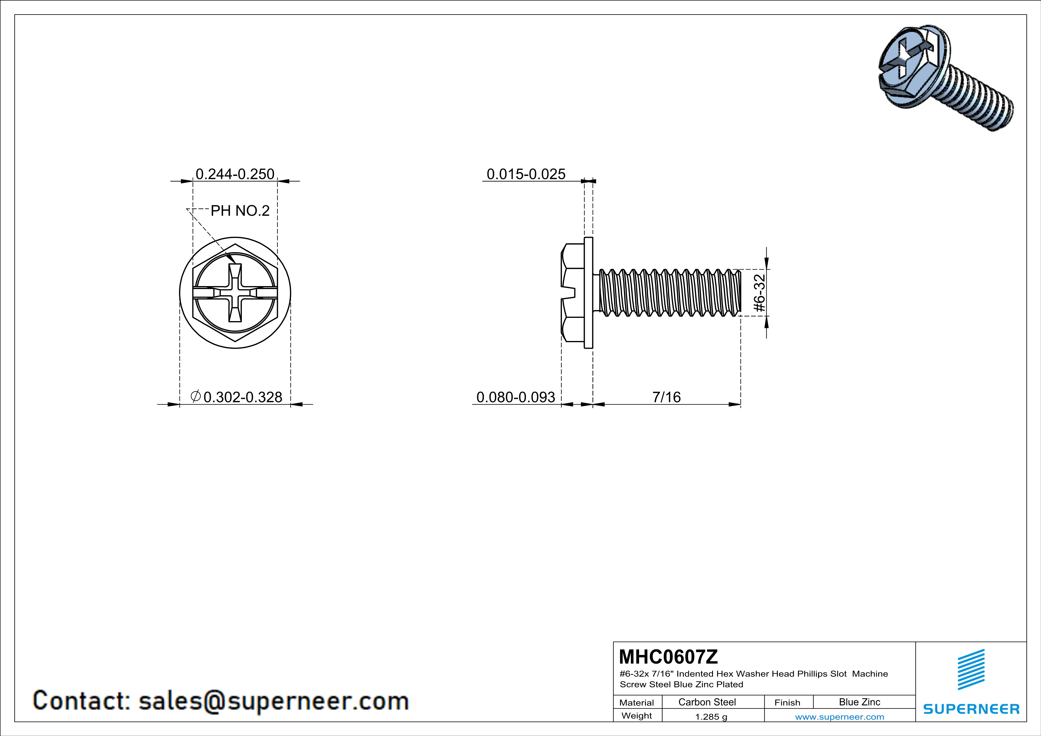 6-32 x 7/16“ Indented Hex Washer Head Phillips Slot Machine Screw Steel Blue Zinc Plated