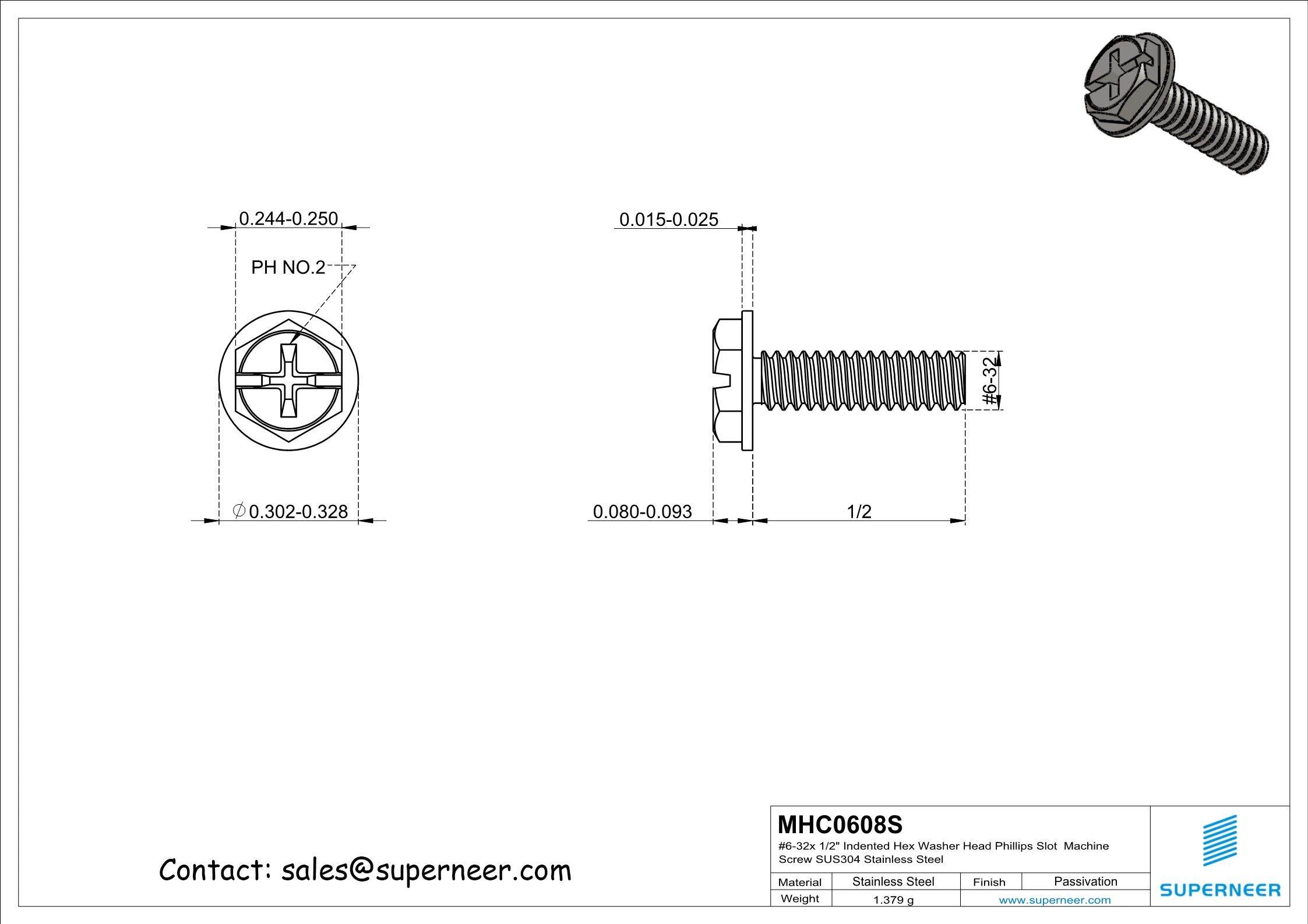 6-32 x 1/2" Indented Hex Washer Head Phillips Slot Machine Screw SUS304 Stainless Steel Inox