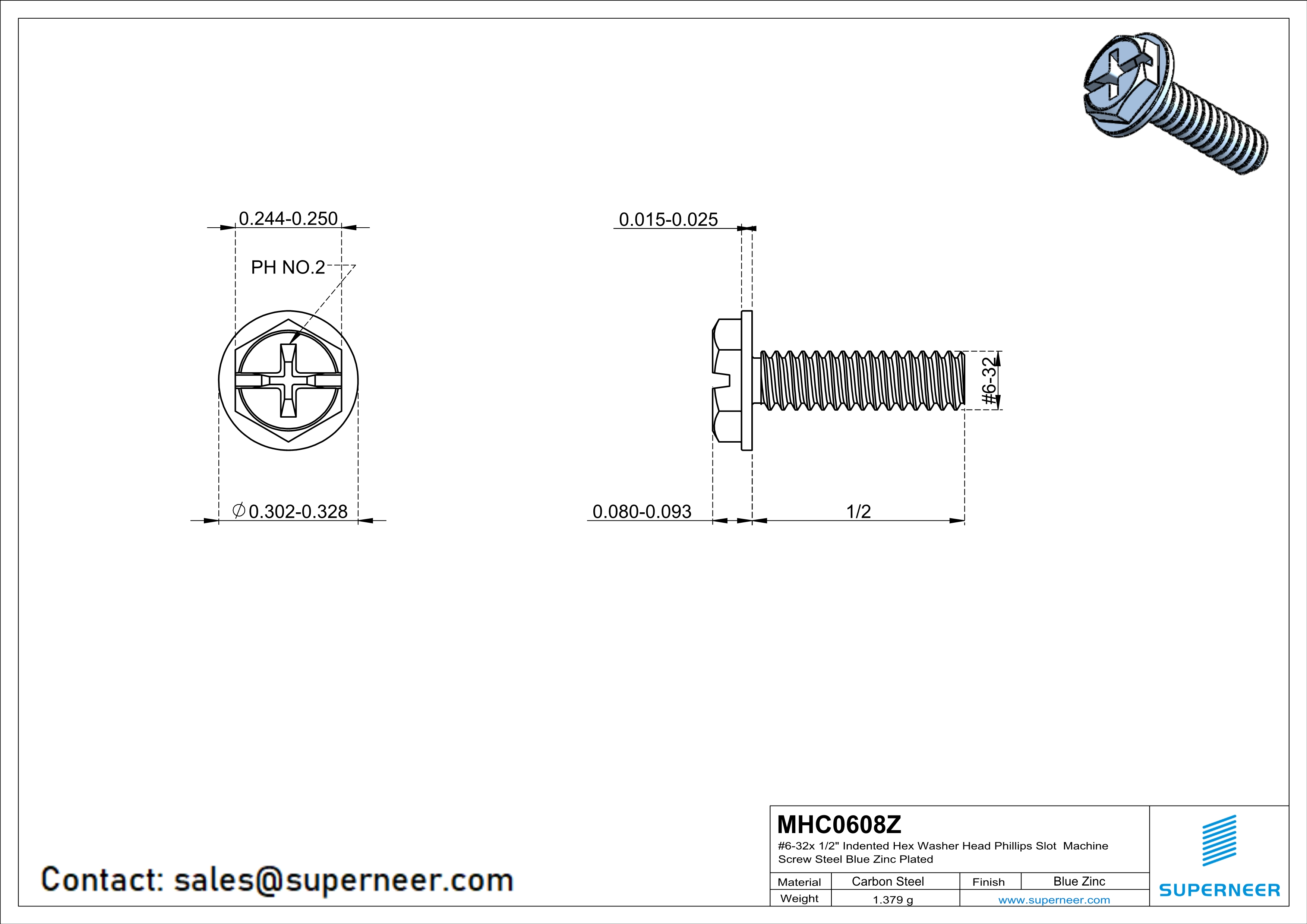 6-32 x 1/2" Indented Hex Washer Head Phillips Slot Machine Screw Steel Blue Zinc Plated