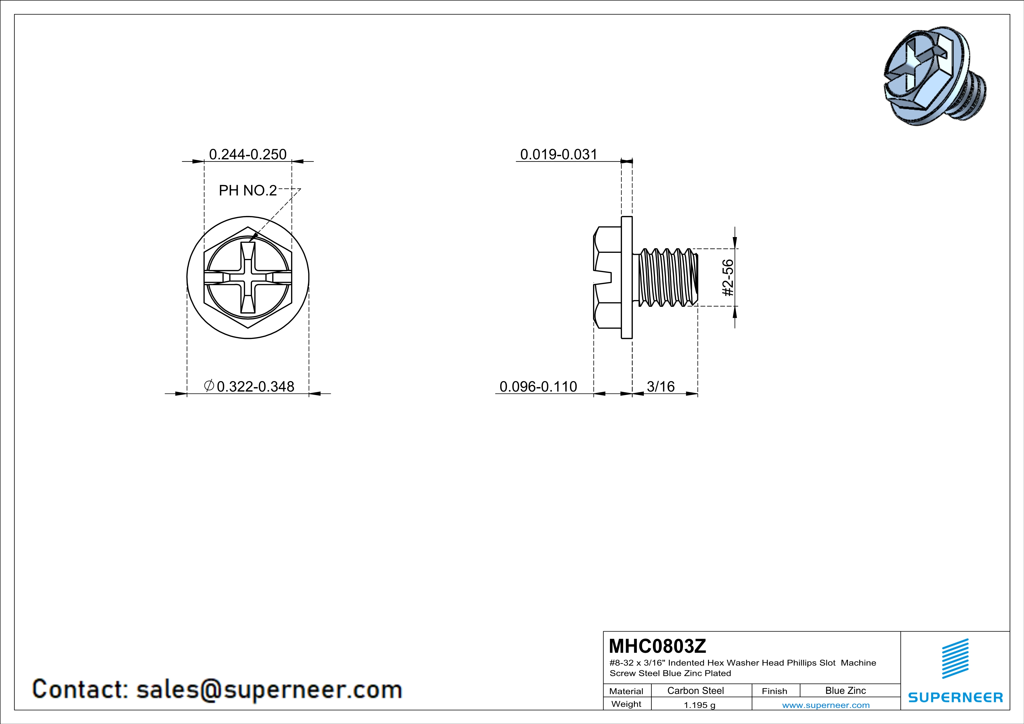 8-32 x 3/16" Indented Hex Washer Head Phillips Slot Machine Screw Steel Blue Zinc Plated