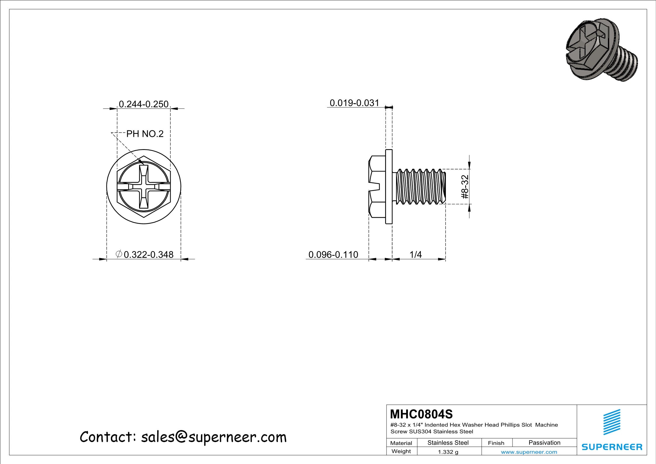 8-32 x 1/4" Indented Hex Washer Head Phillips Slot Machine Screw SUS304 Stainless Steel Inox