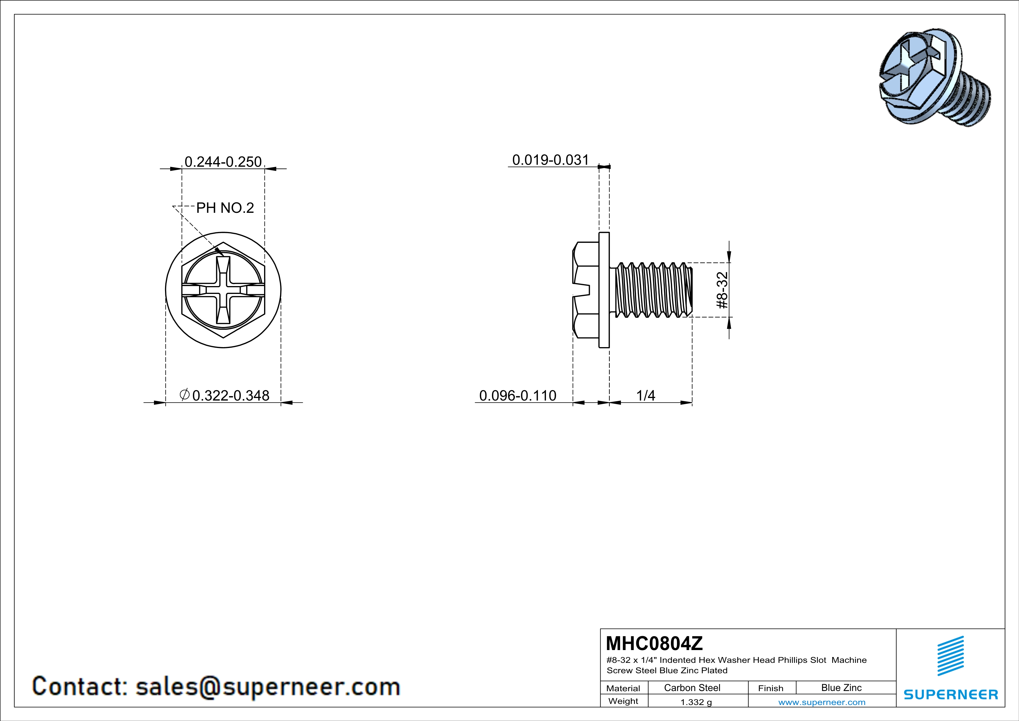 8-32 x 1/4" Indented Hex Washer Head Phillips Slot Machine Screw Steel Blue Zinc Plated