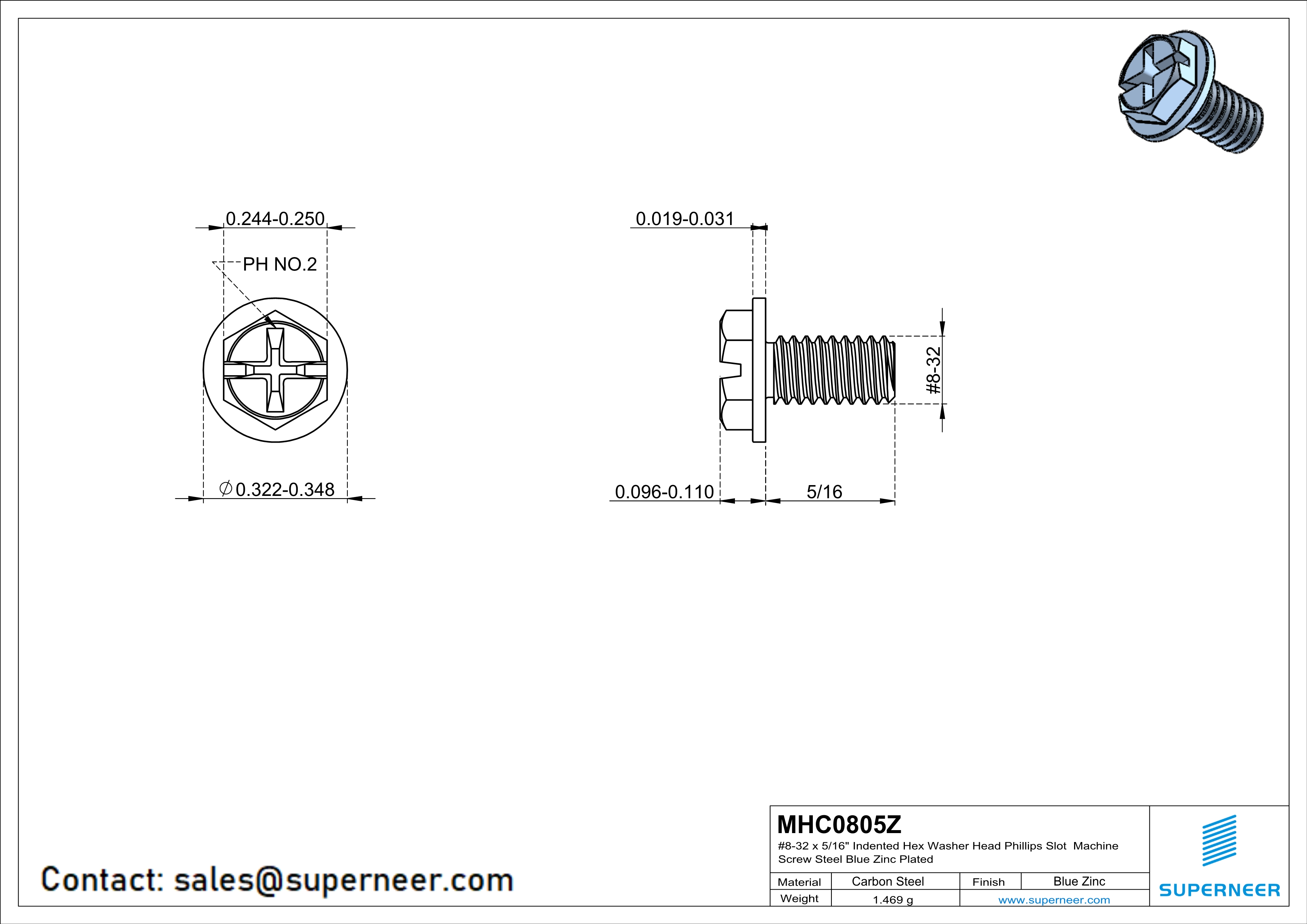 8-32 x 5/16" Indented Hex Washer Head Phillips Slot Machine Screw Steel Blue Zinc Plated