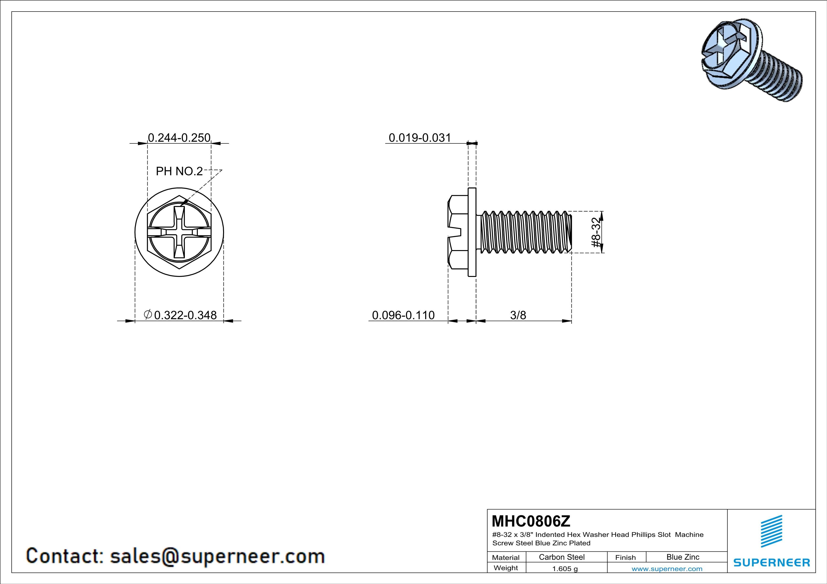 8-32 x 3/8" Indented Hex Washer Head Phillips Slot Machine Screw Steel Blue Zinc Plated