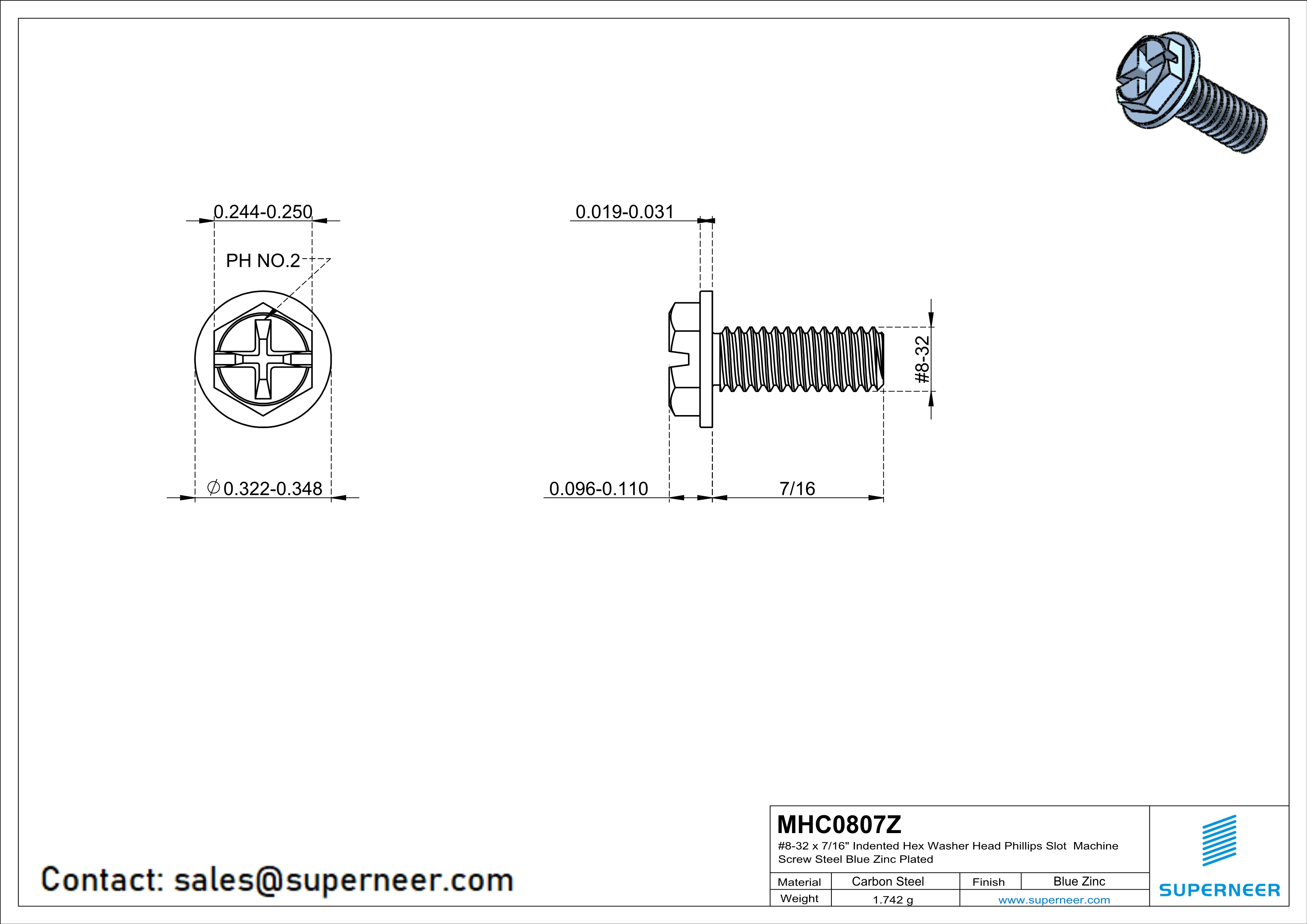 8-32 x 7/16“ Indented Hex Washer Head Phillips Slot Machine Screw Steel Blue Zinc Plated