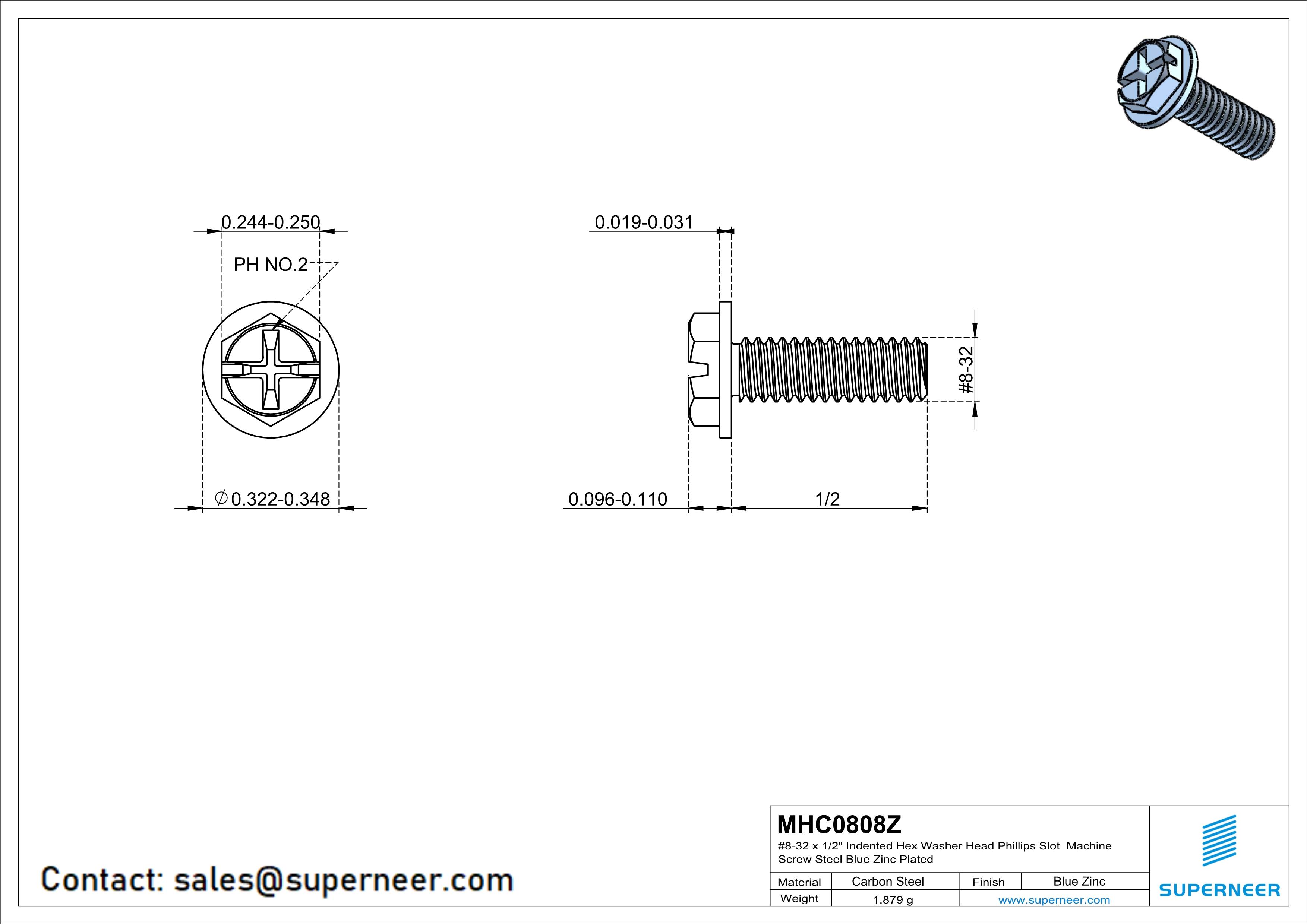 8-32 x 1/2" Indented Hex Washer Head Phillips Slot Machine Screw Steel Blue Zinc Plated